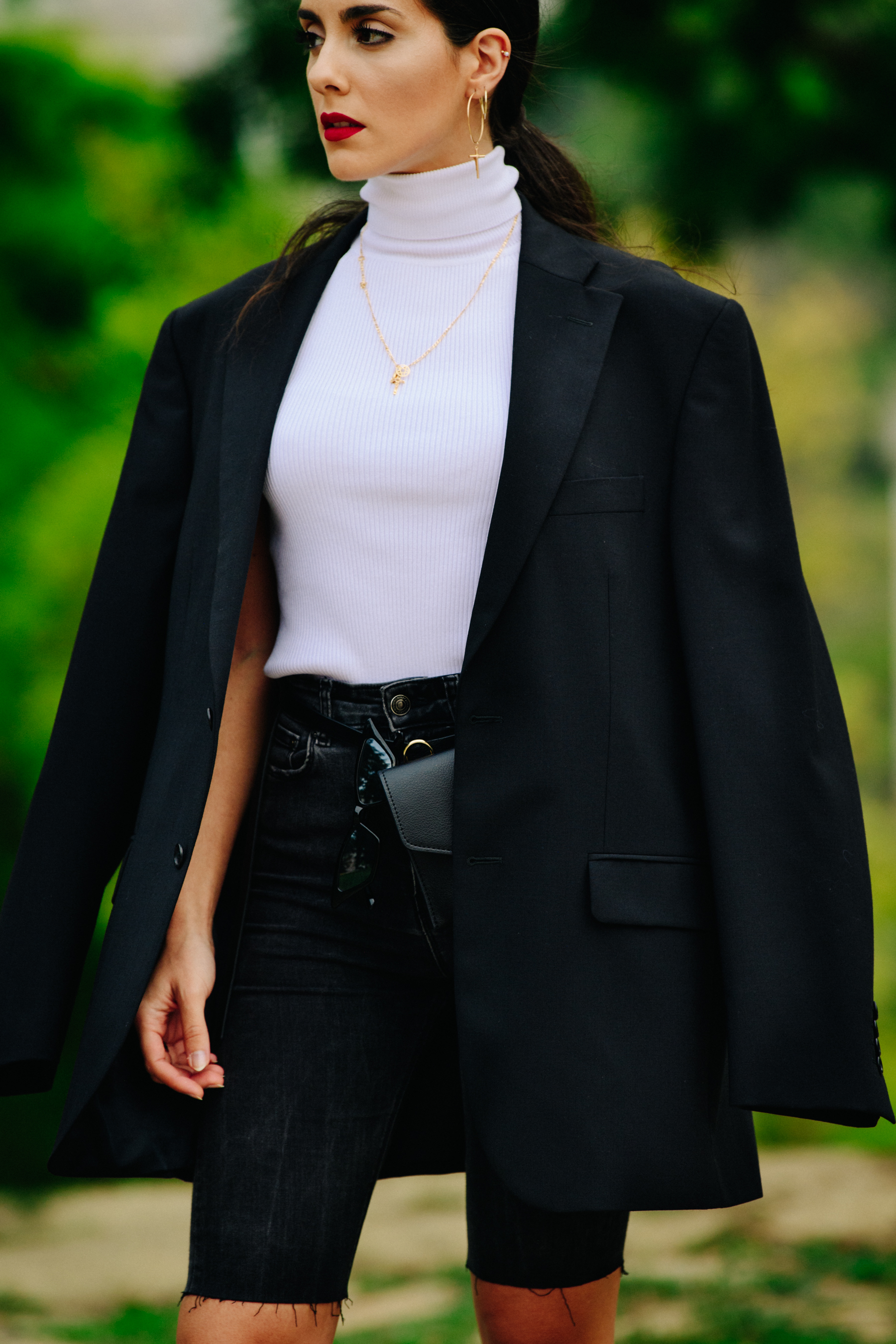 Woman wearing dark suit jacket