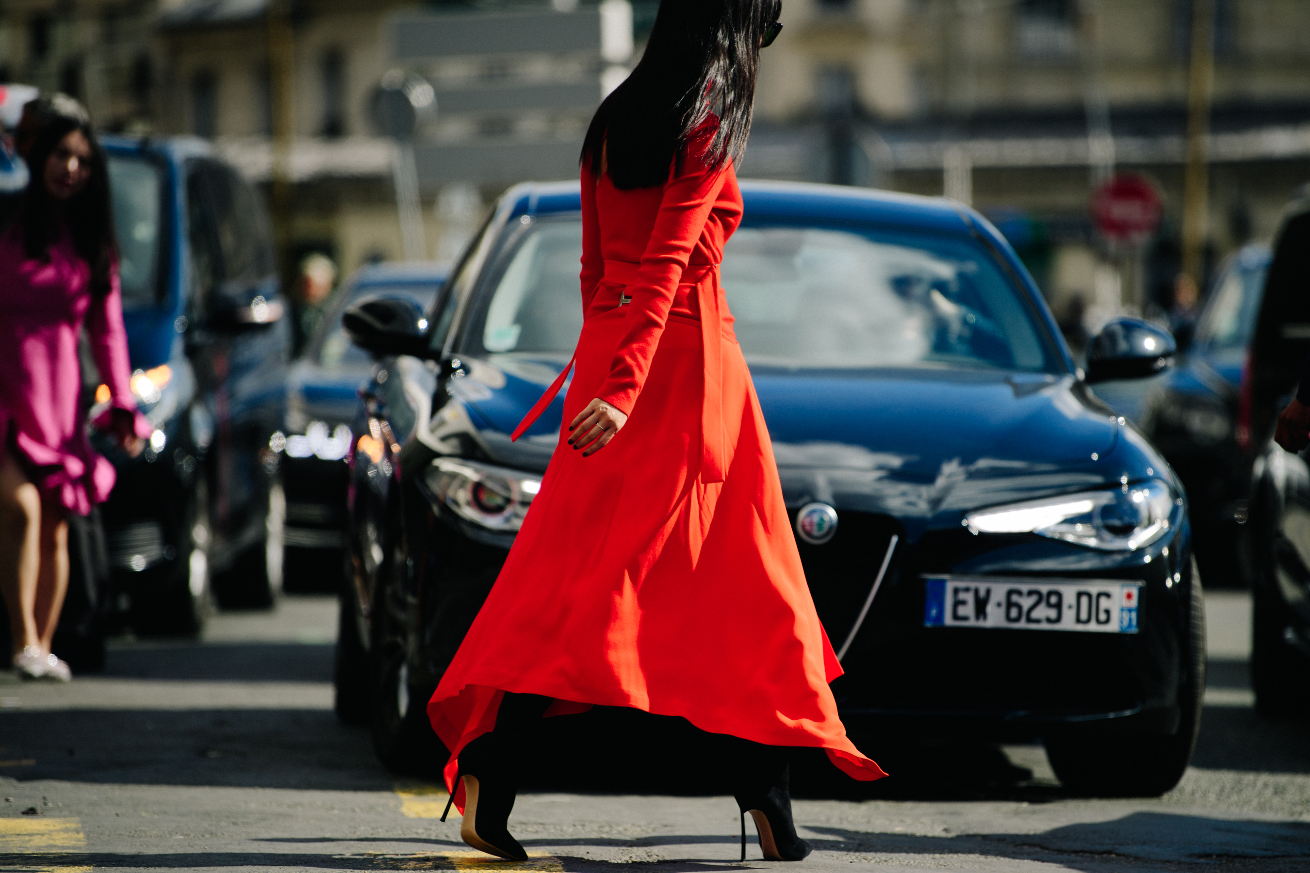 Woman wearing red outfit