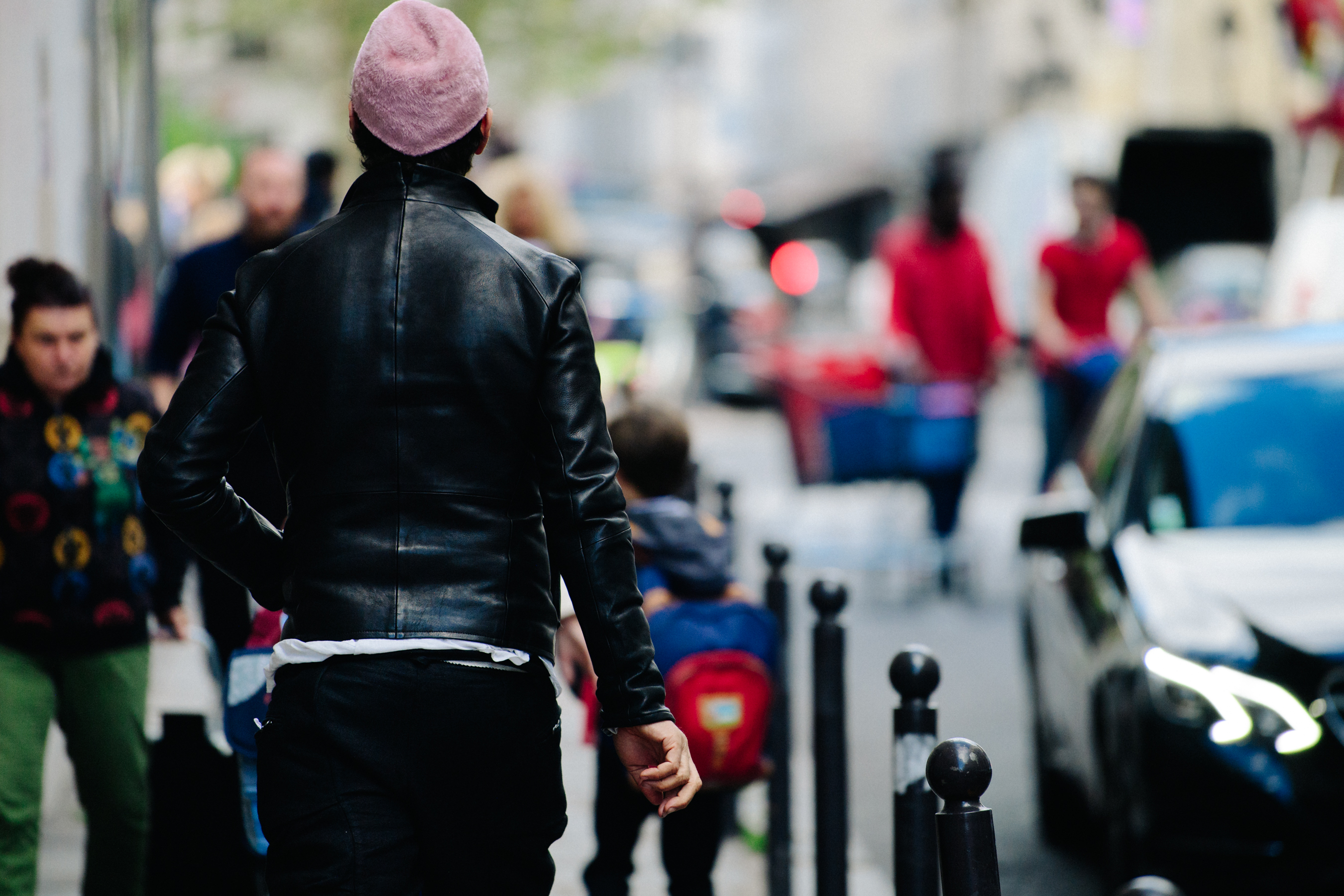 Man wearing pink hat
