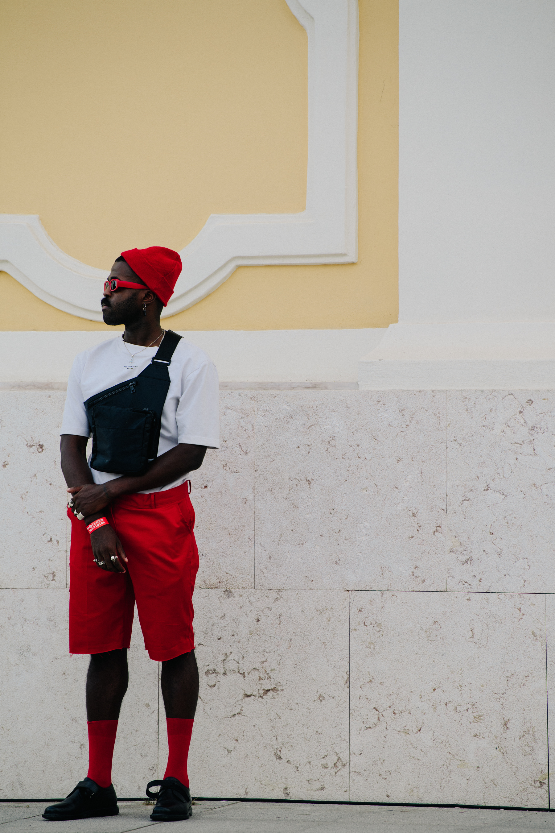 Man wearing red and white outfit