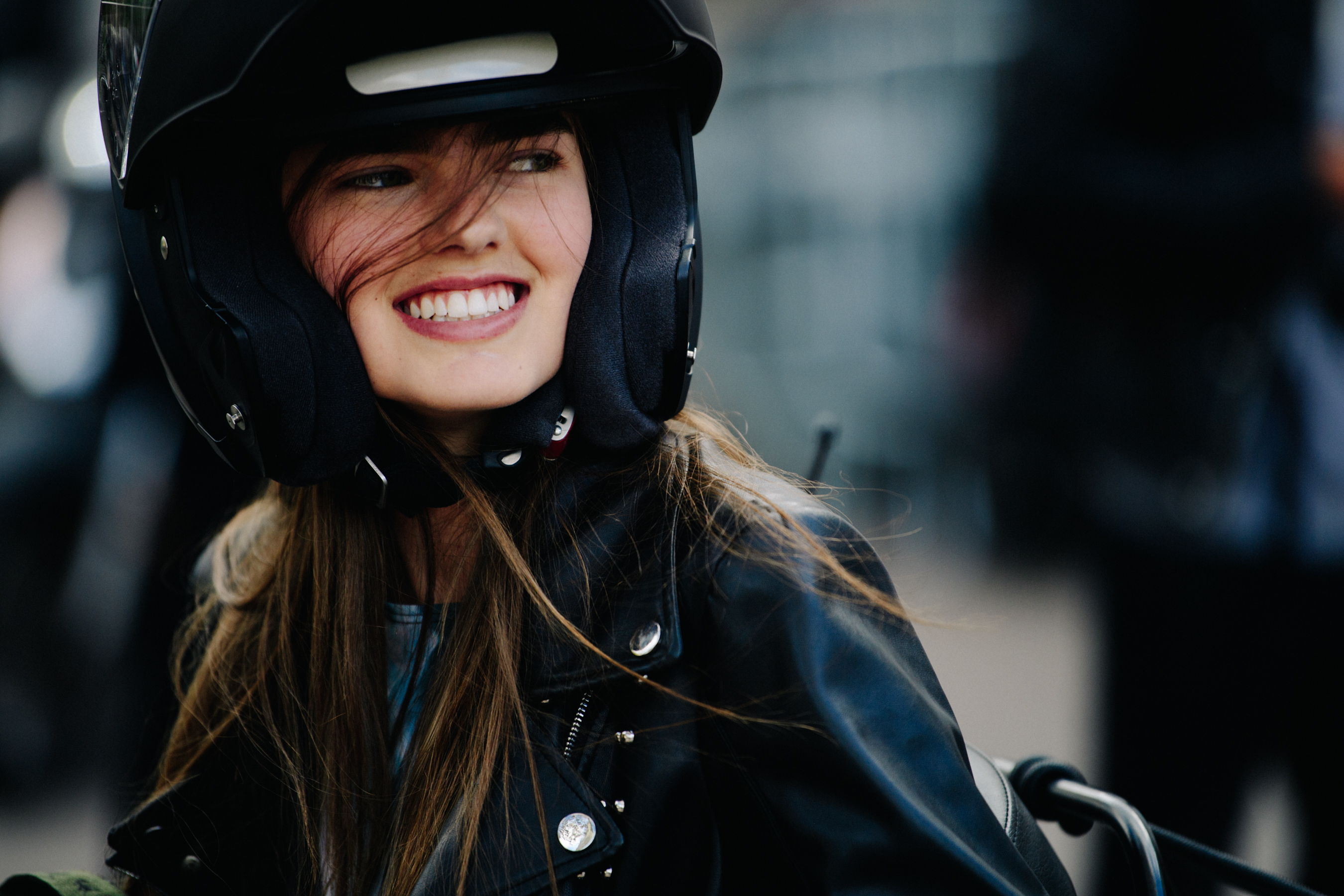 Model wearing motorcycle helmet