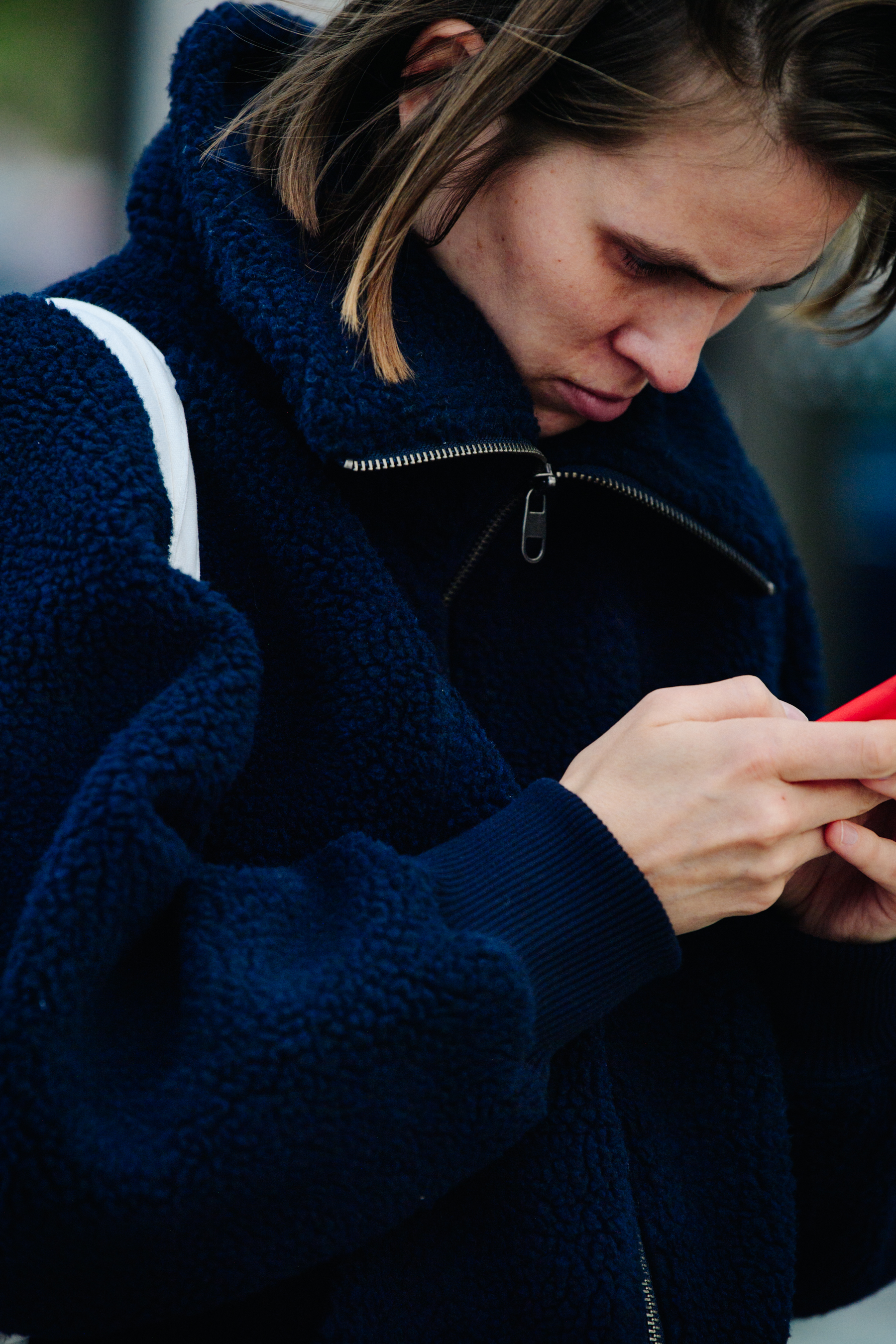 Woman wearing blue fleece jacket