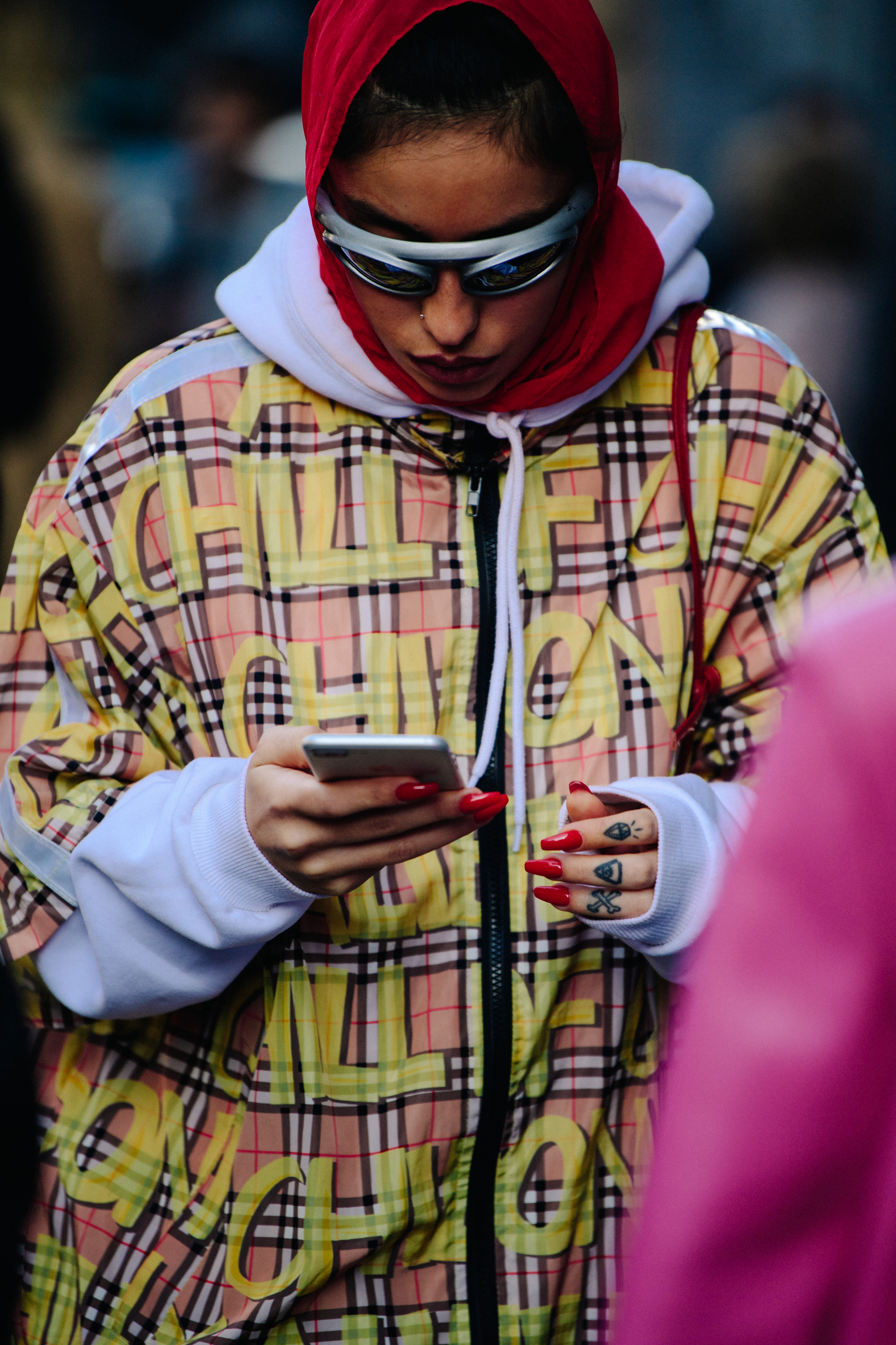 Woman wearing colourful jacket
