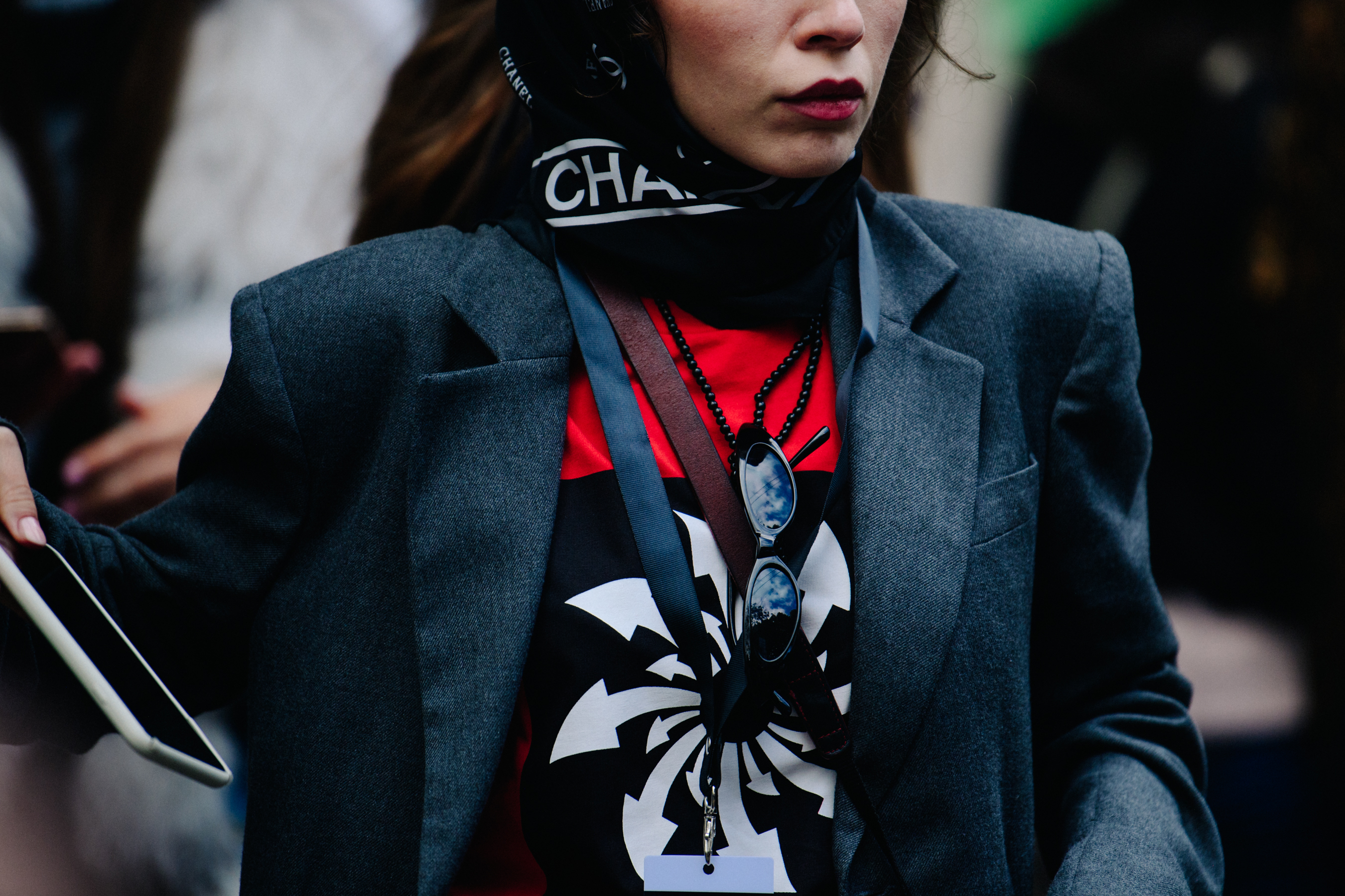 Woman wearing Chanel headscarf