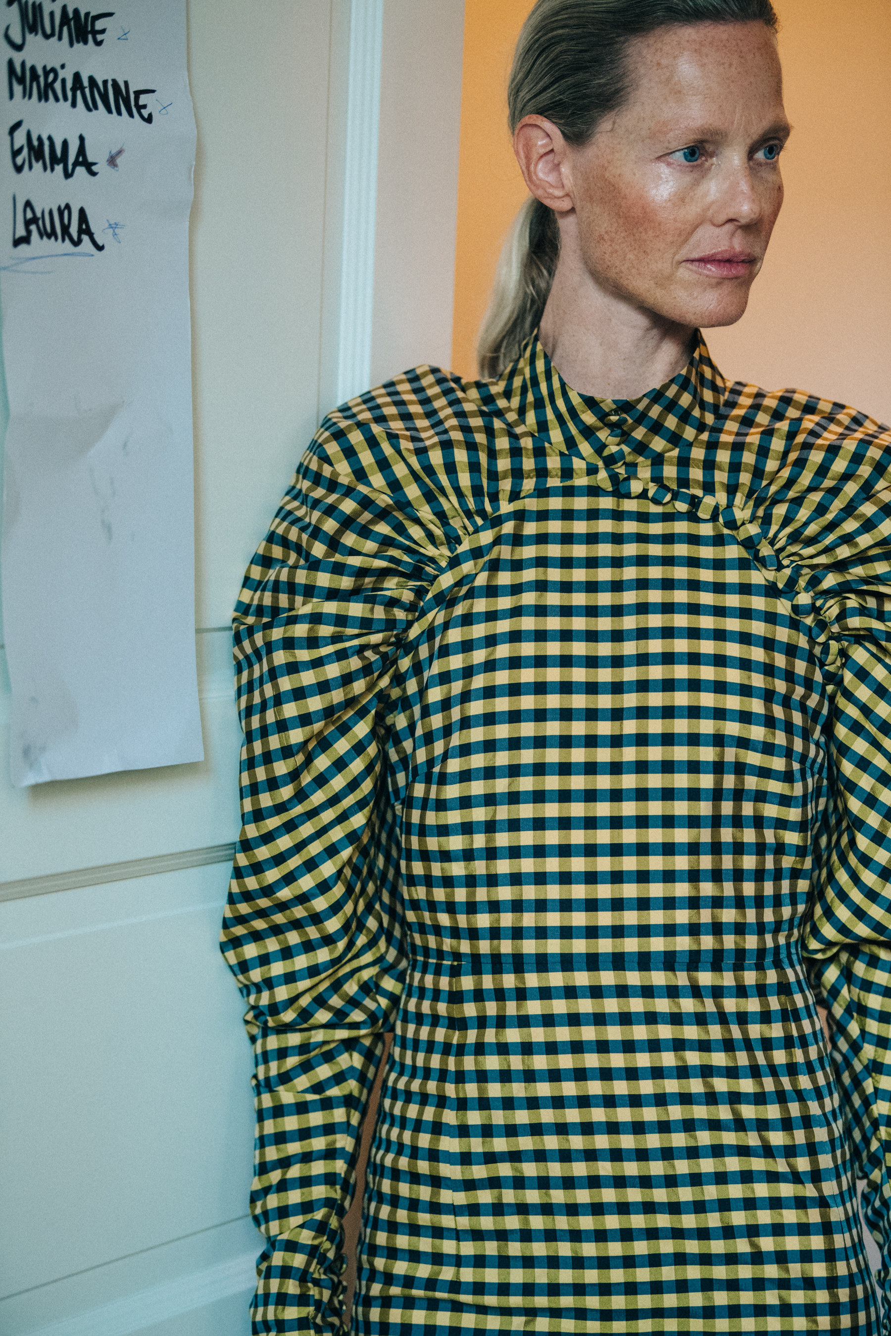 Model wearing yellow check dress at Birger Christensen