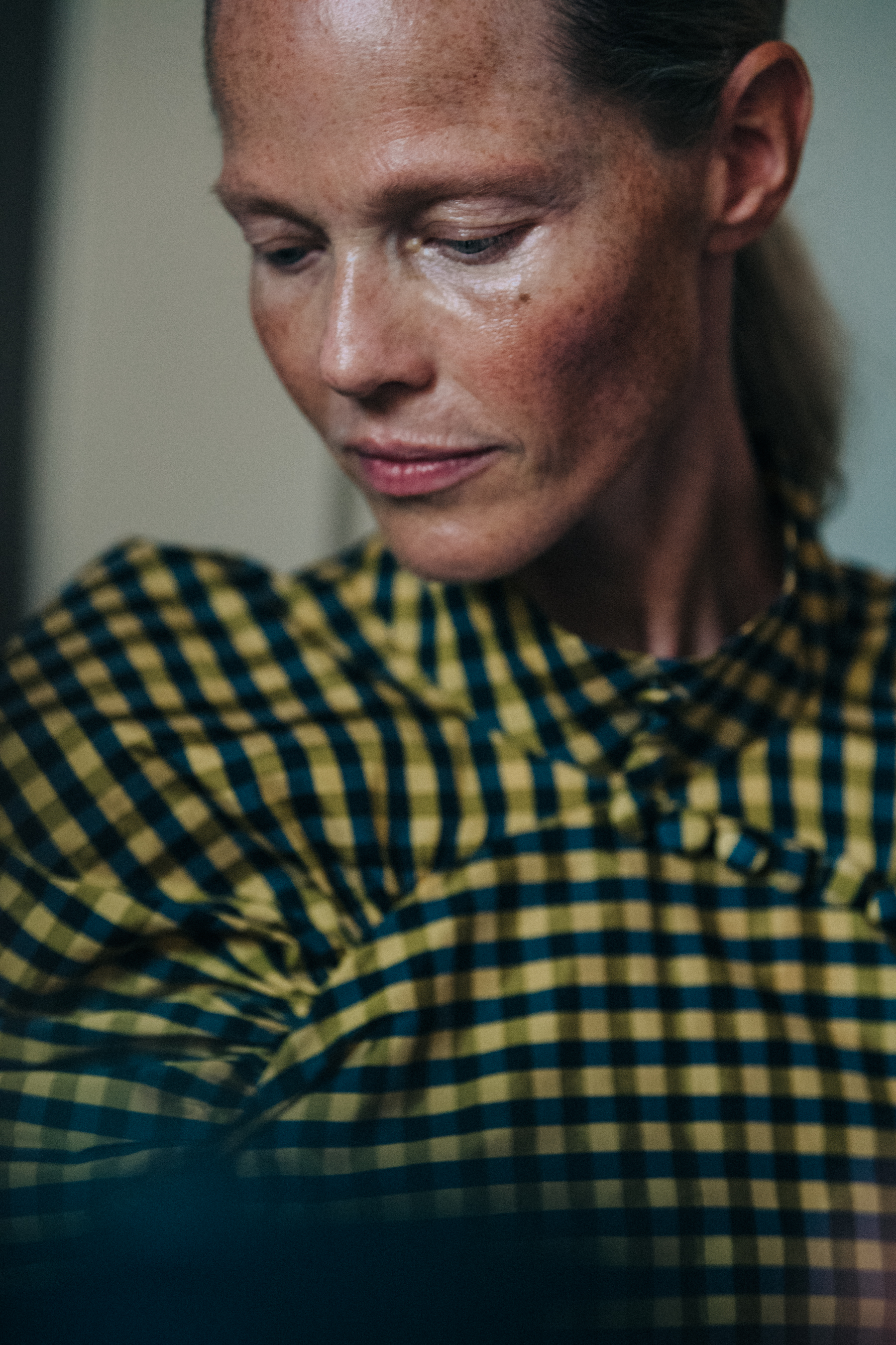 Model wearing yellow check dress at Birger Christensen