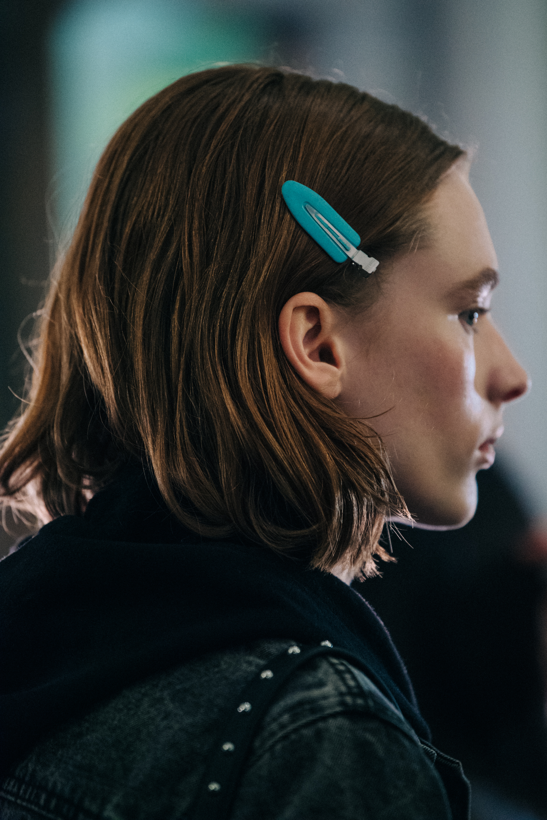 Model wearing hairclip backstage
