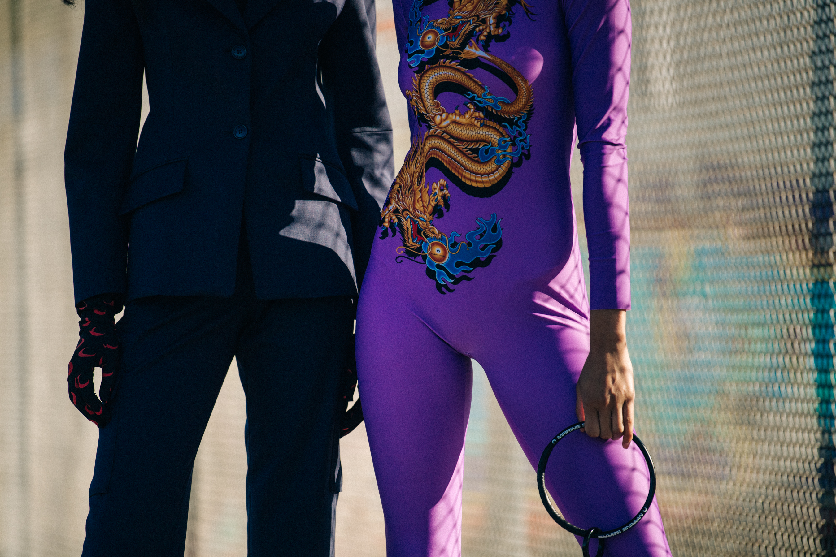Model wearing purple jumpsuit at Marine Serre