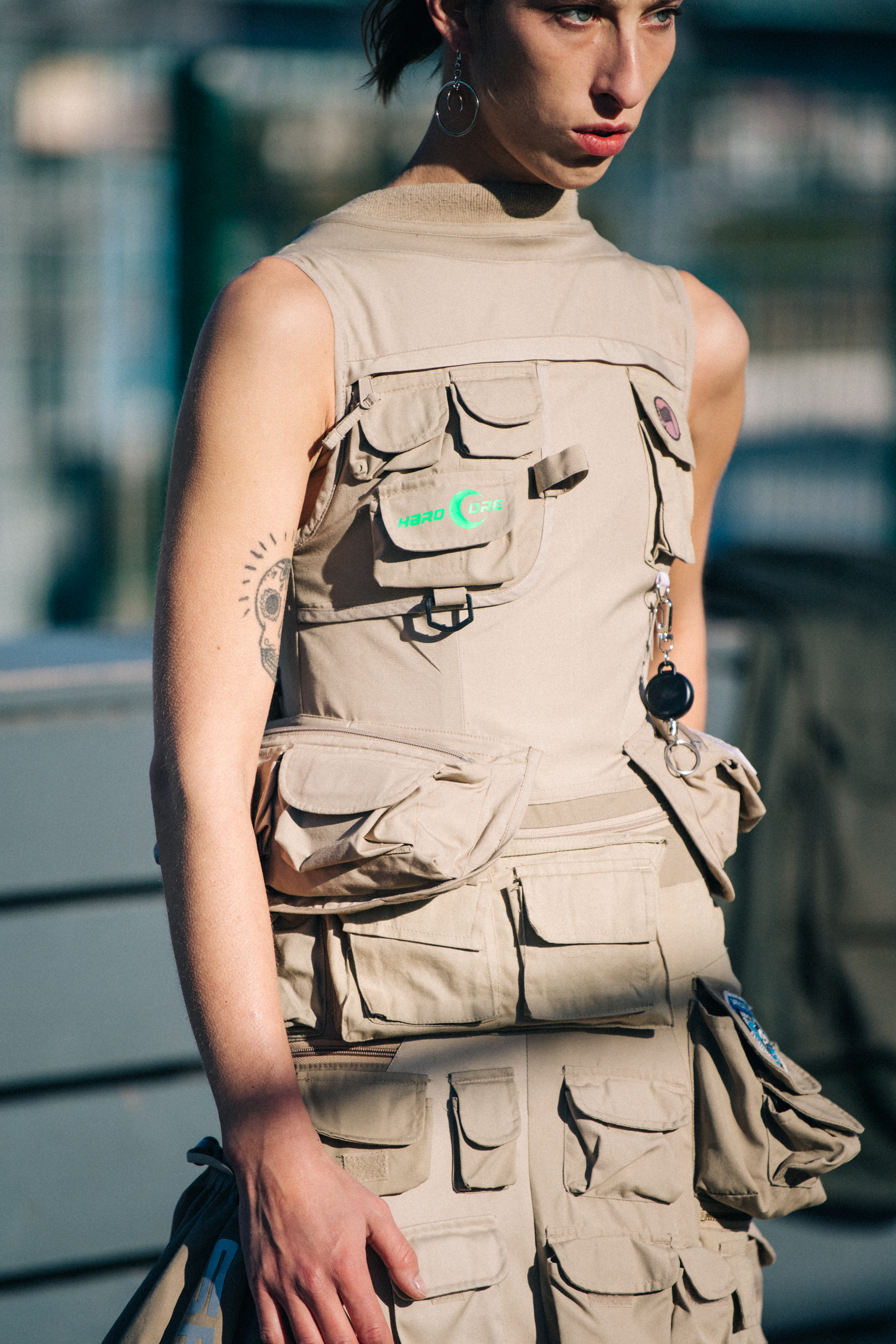 Model wearing grey outfit at Marine Serre