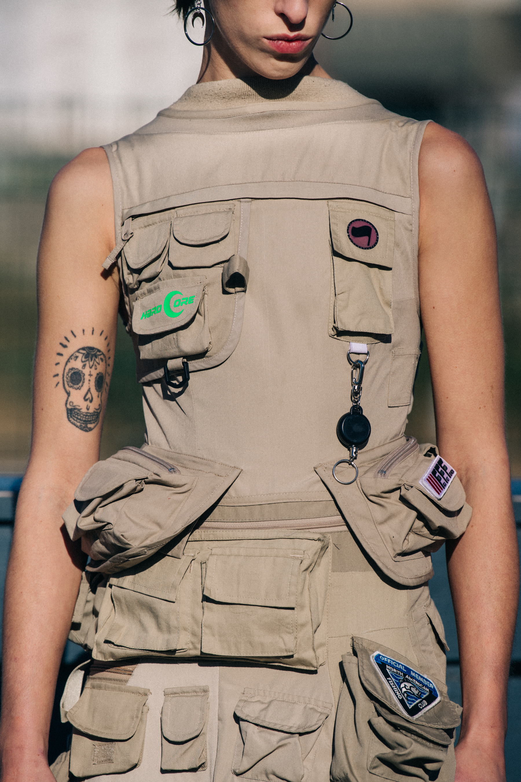 Model wearing grey outfit at Marine Serre