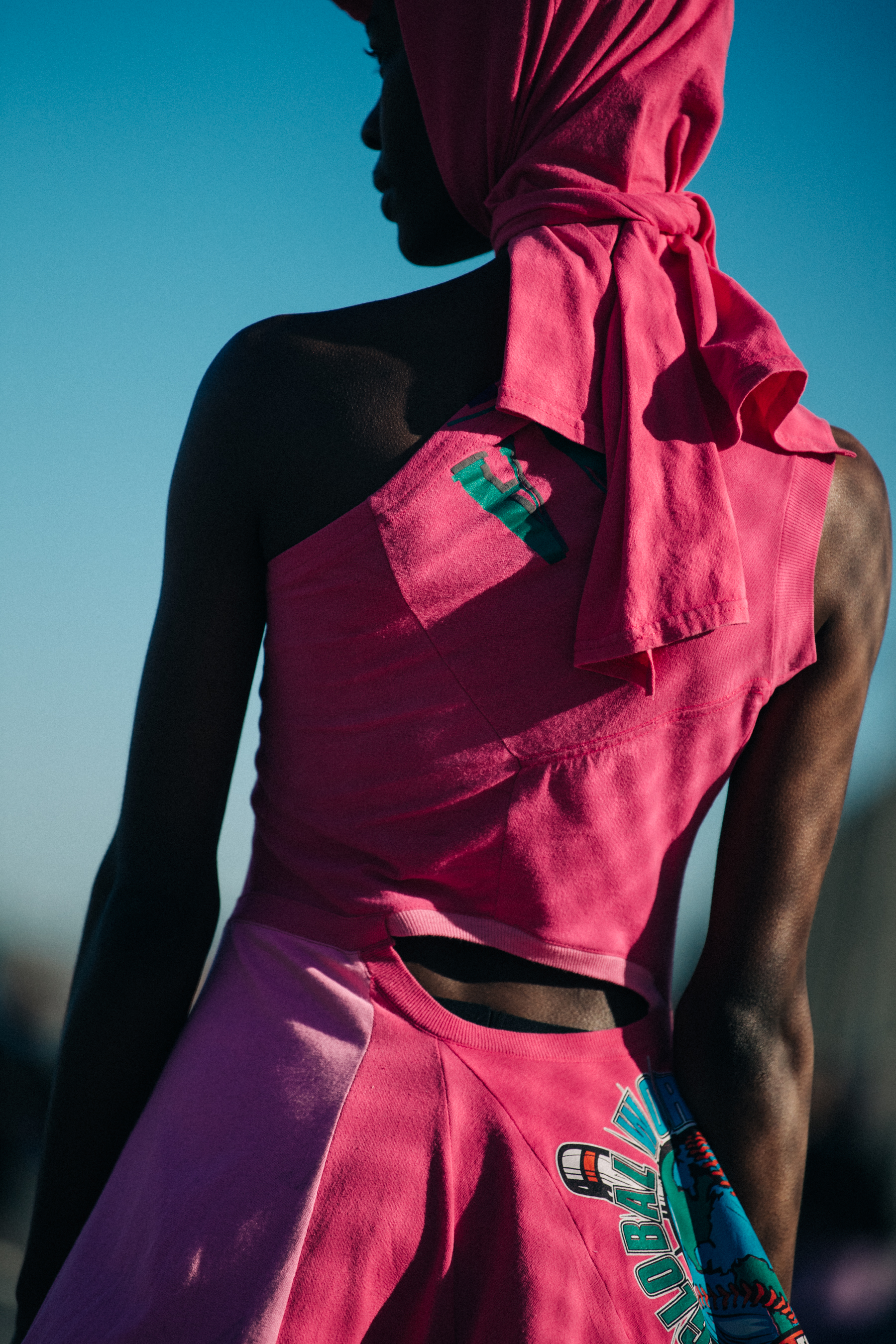 Model wearing pink Marine Serre outfit