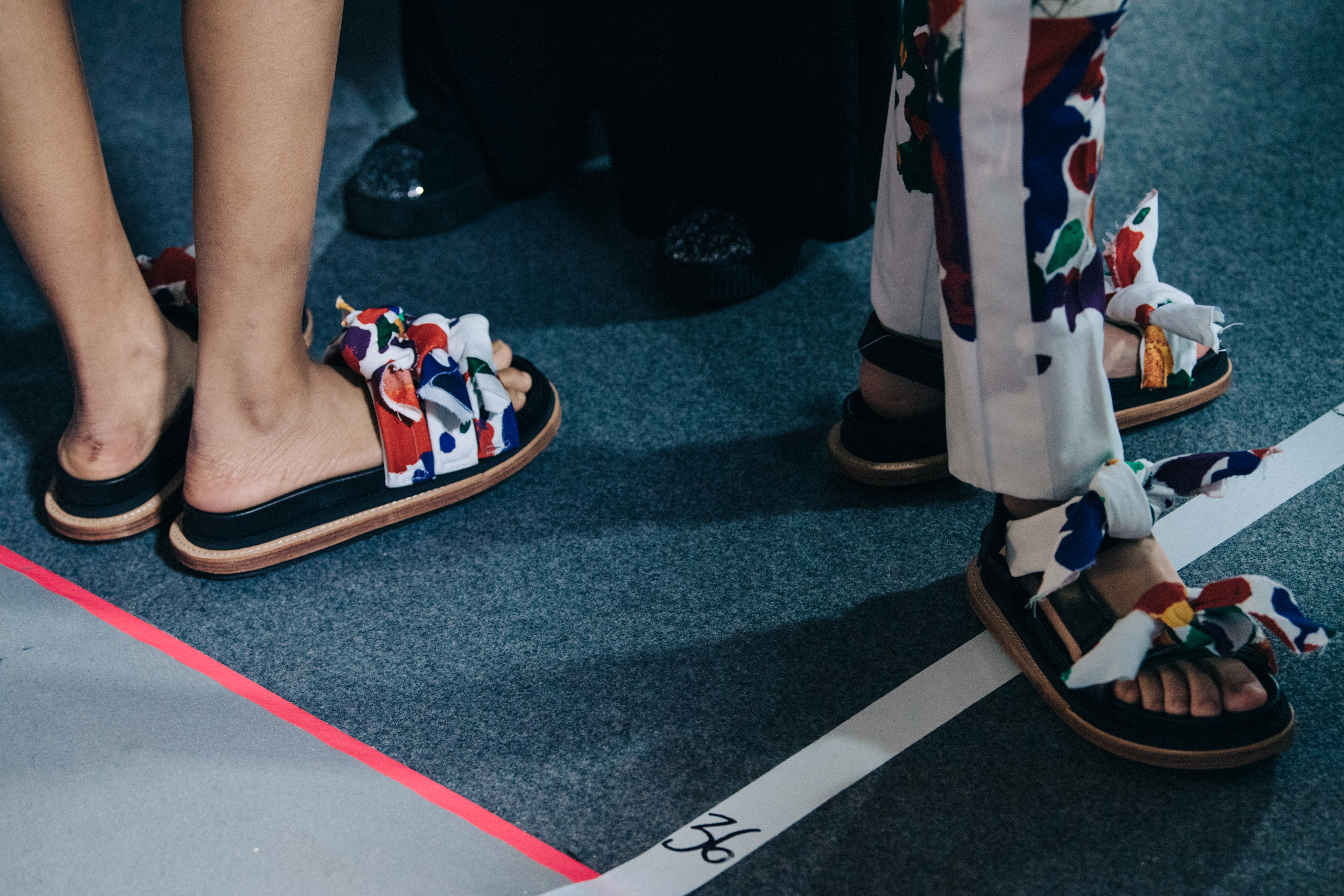 Sandals backstage at Sacai