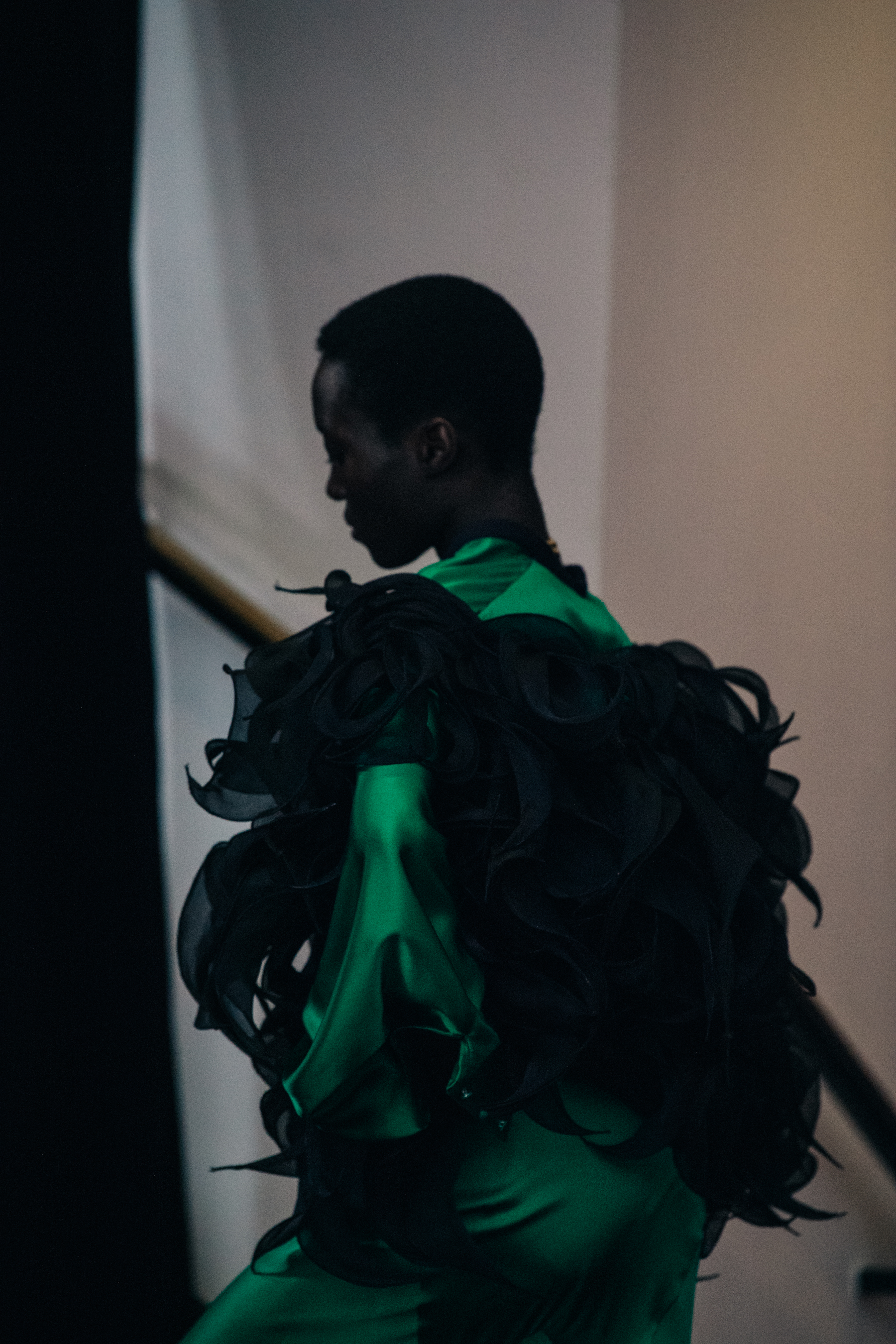 Model wearing green outfit at Y/Project