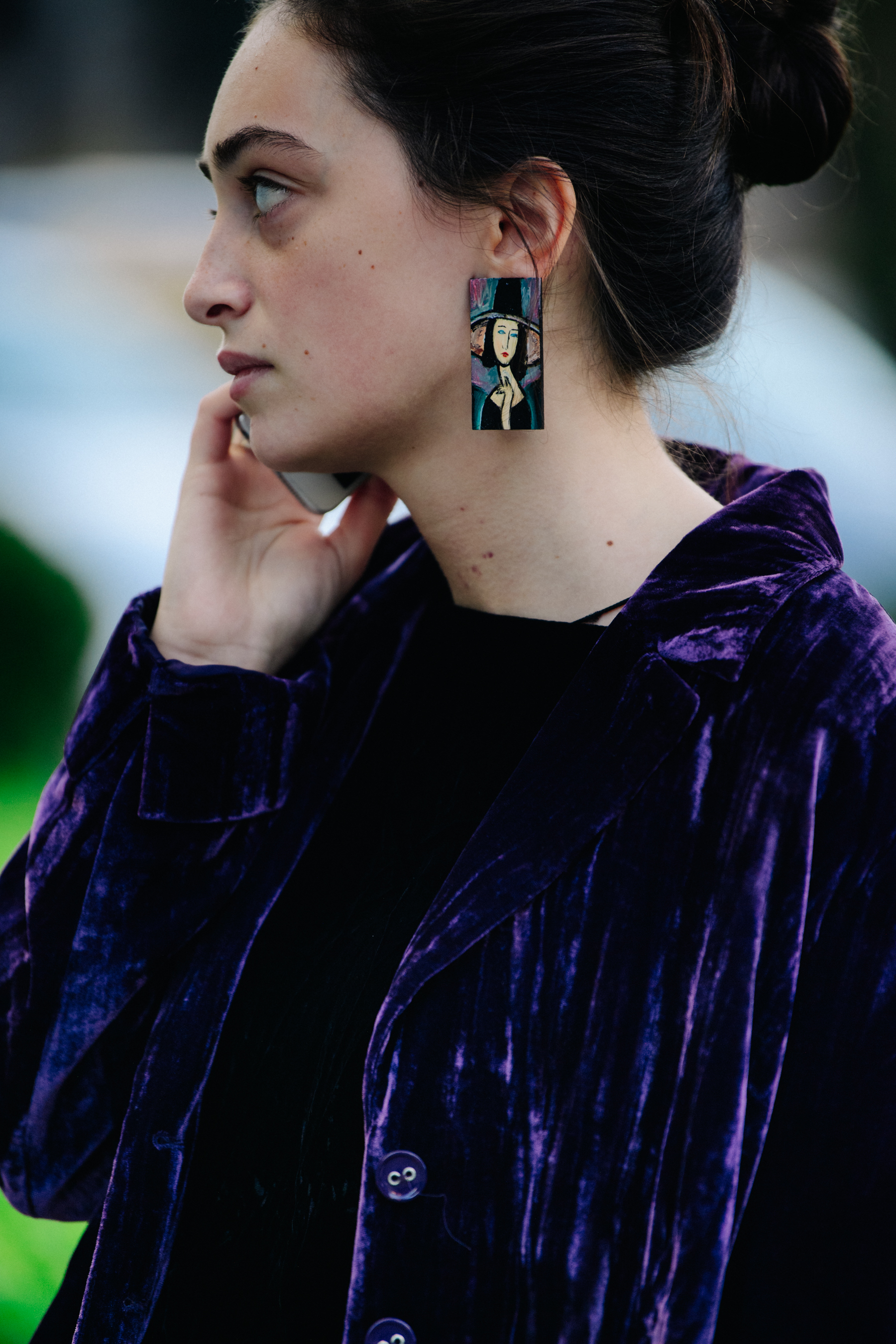 Woman wearing purple velvet coat