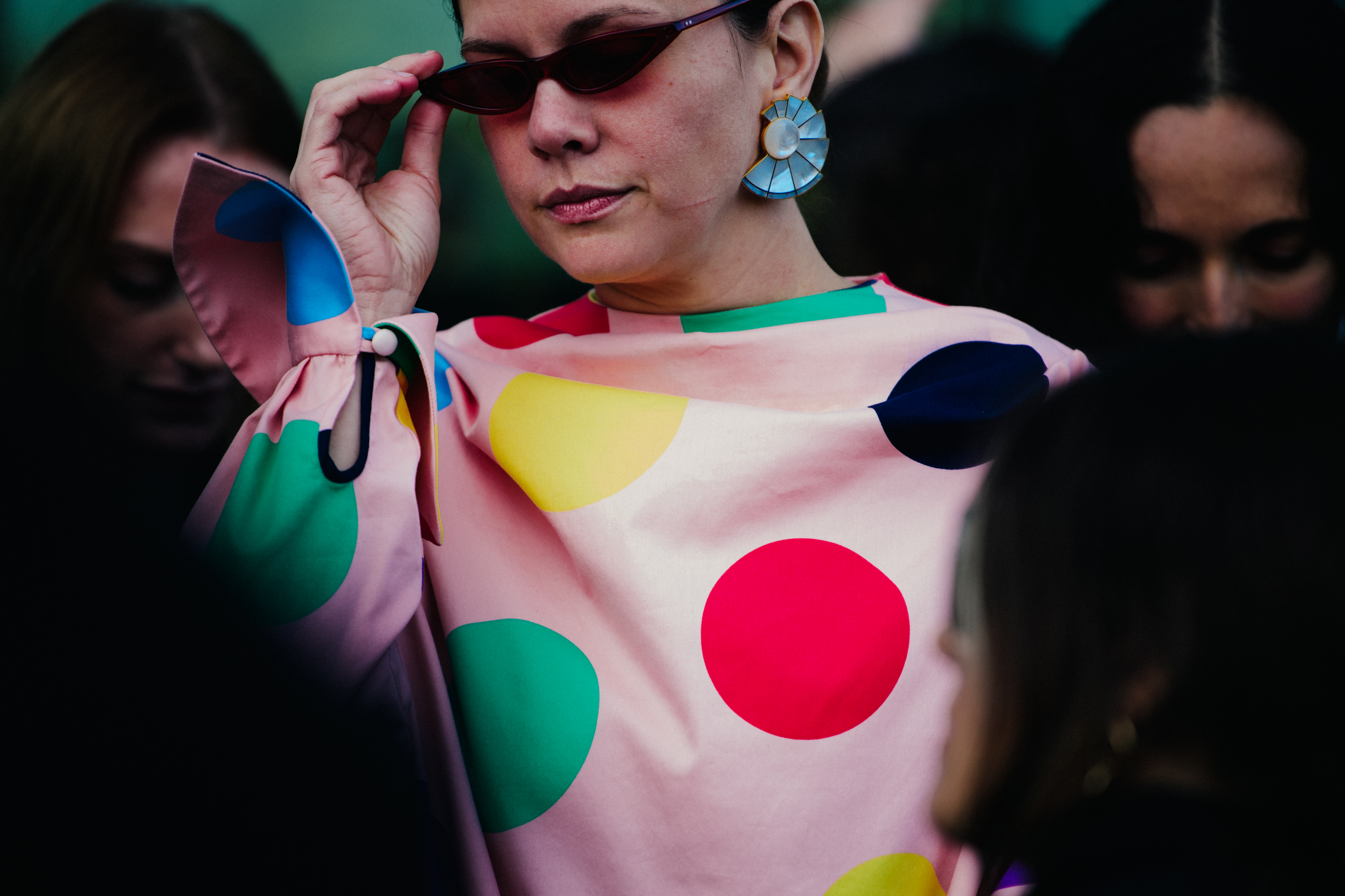 Woman wearing spotty dress