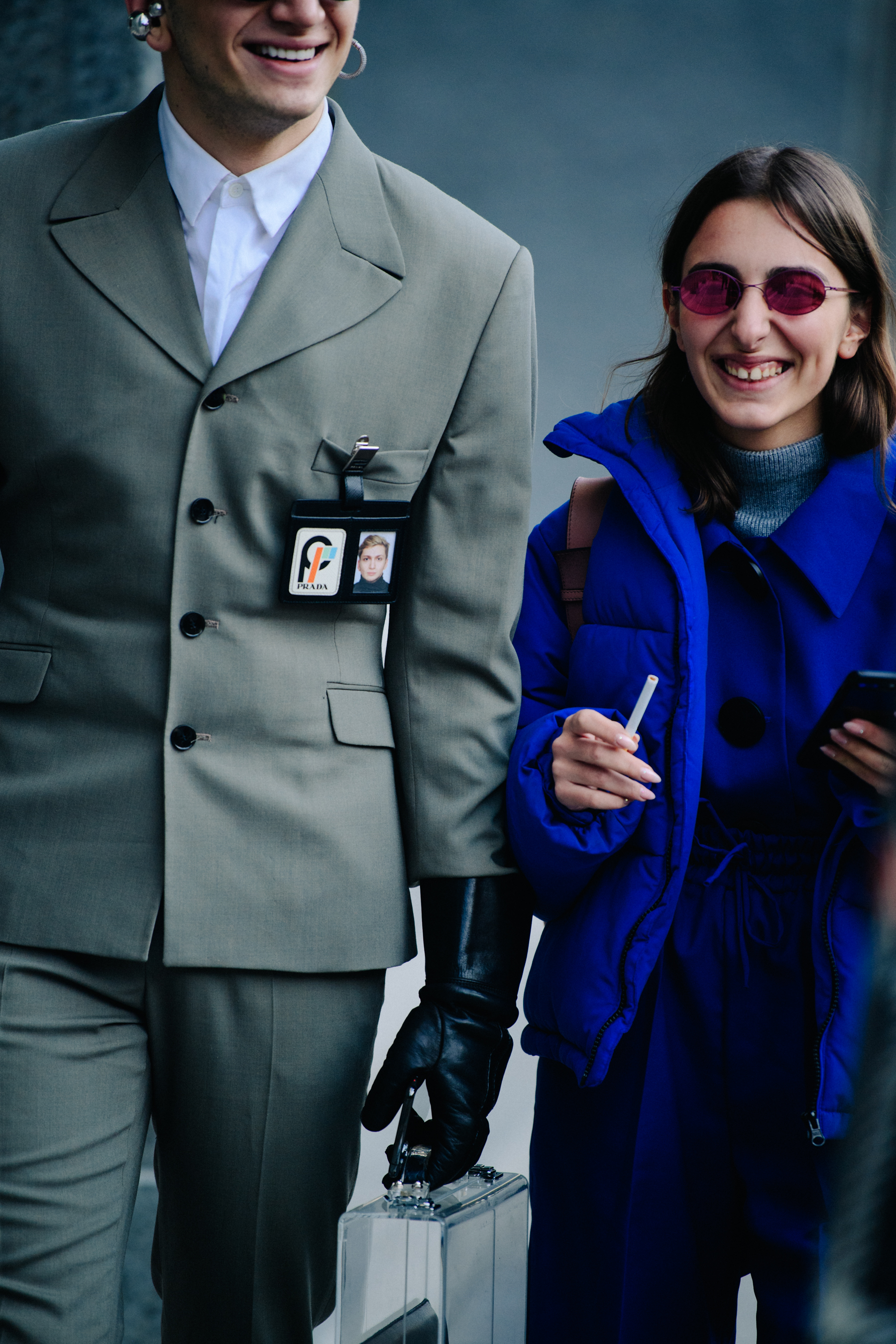 Couple wearing grey and blue