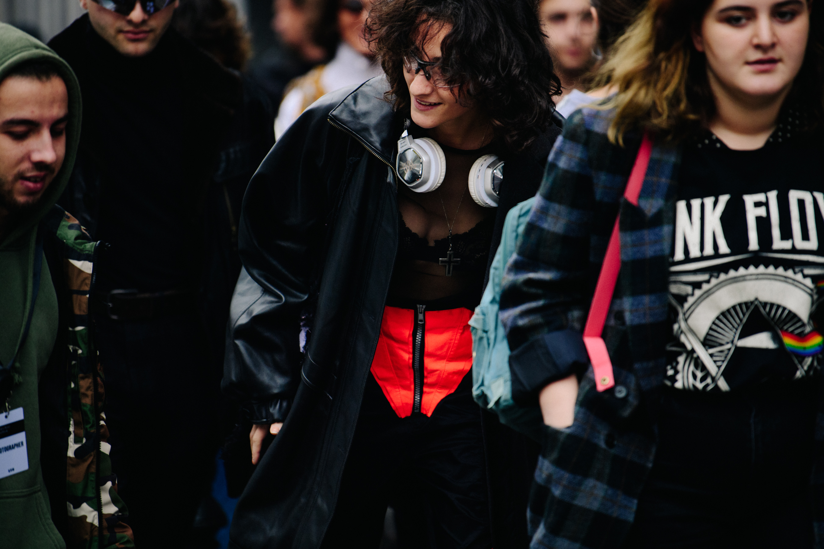Woman wearing black and red outfit