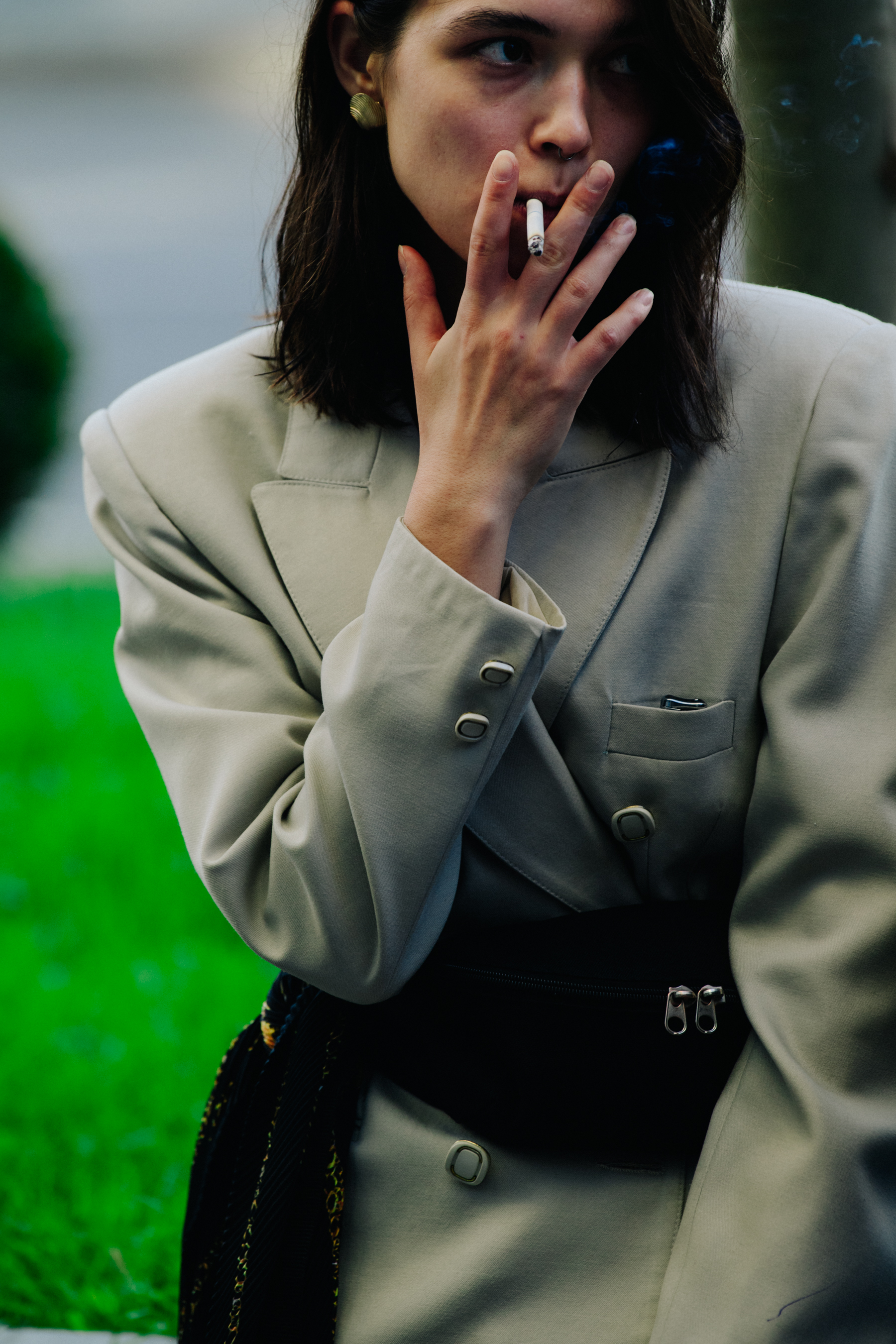 Russian model wearing grey suit