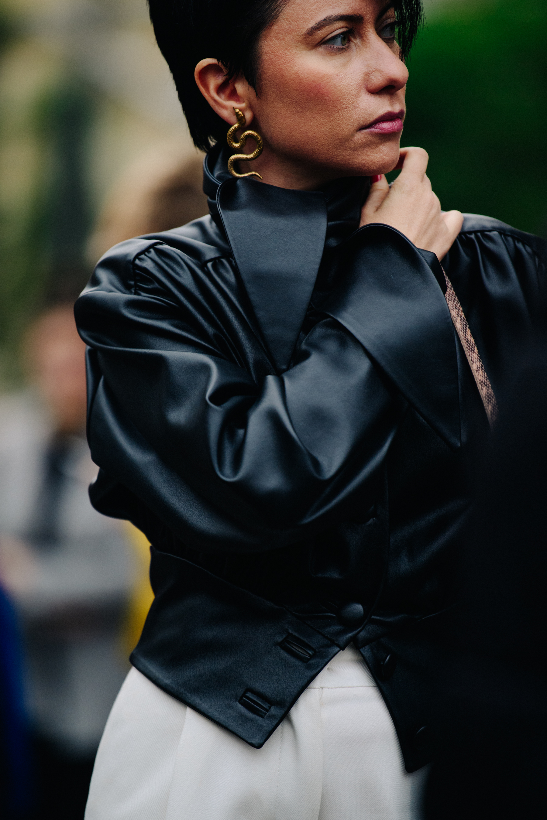 Woman wearing black leather jacket