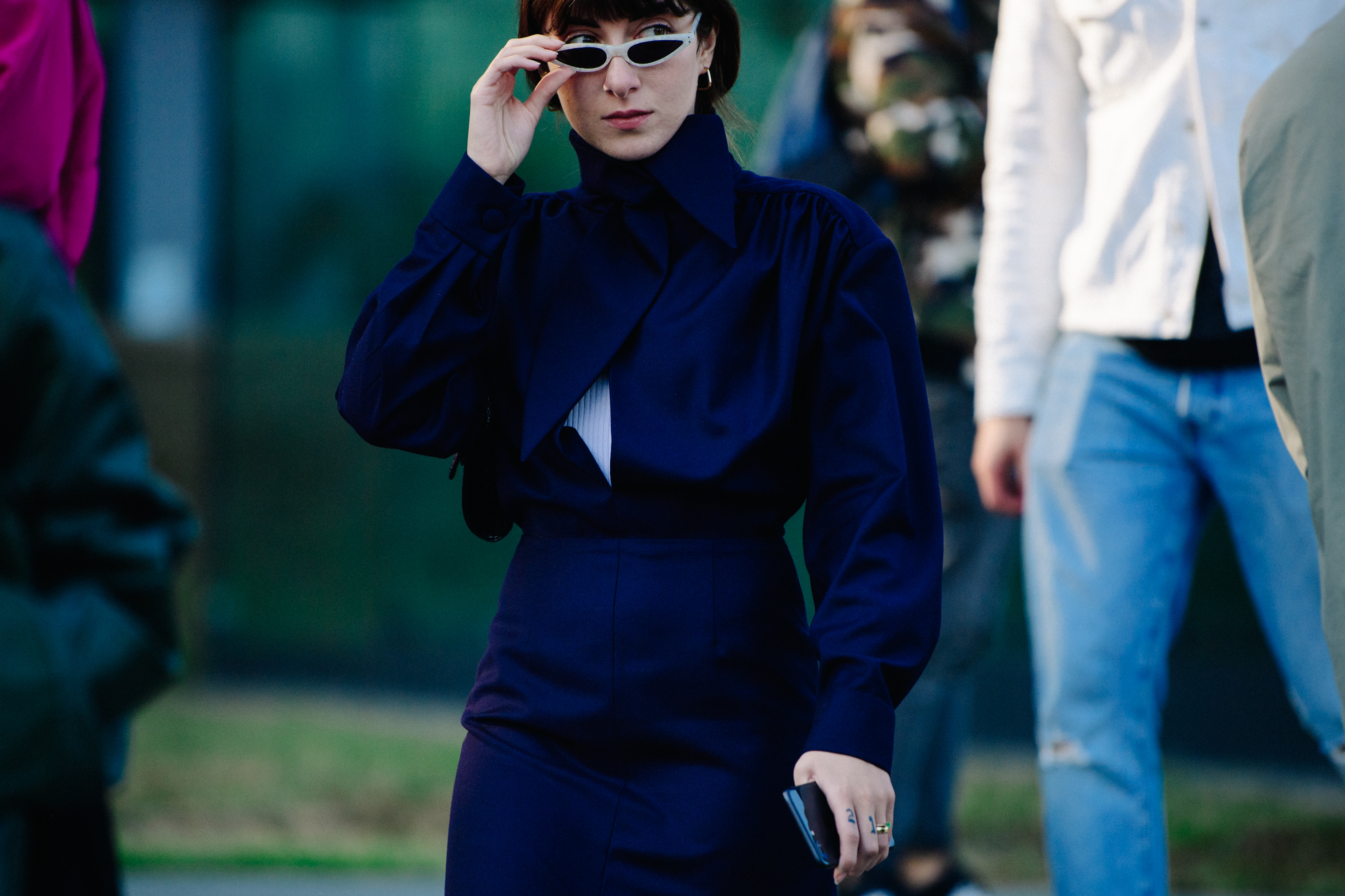 Woman wearing blue dress