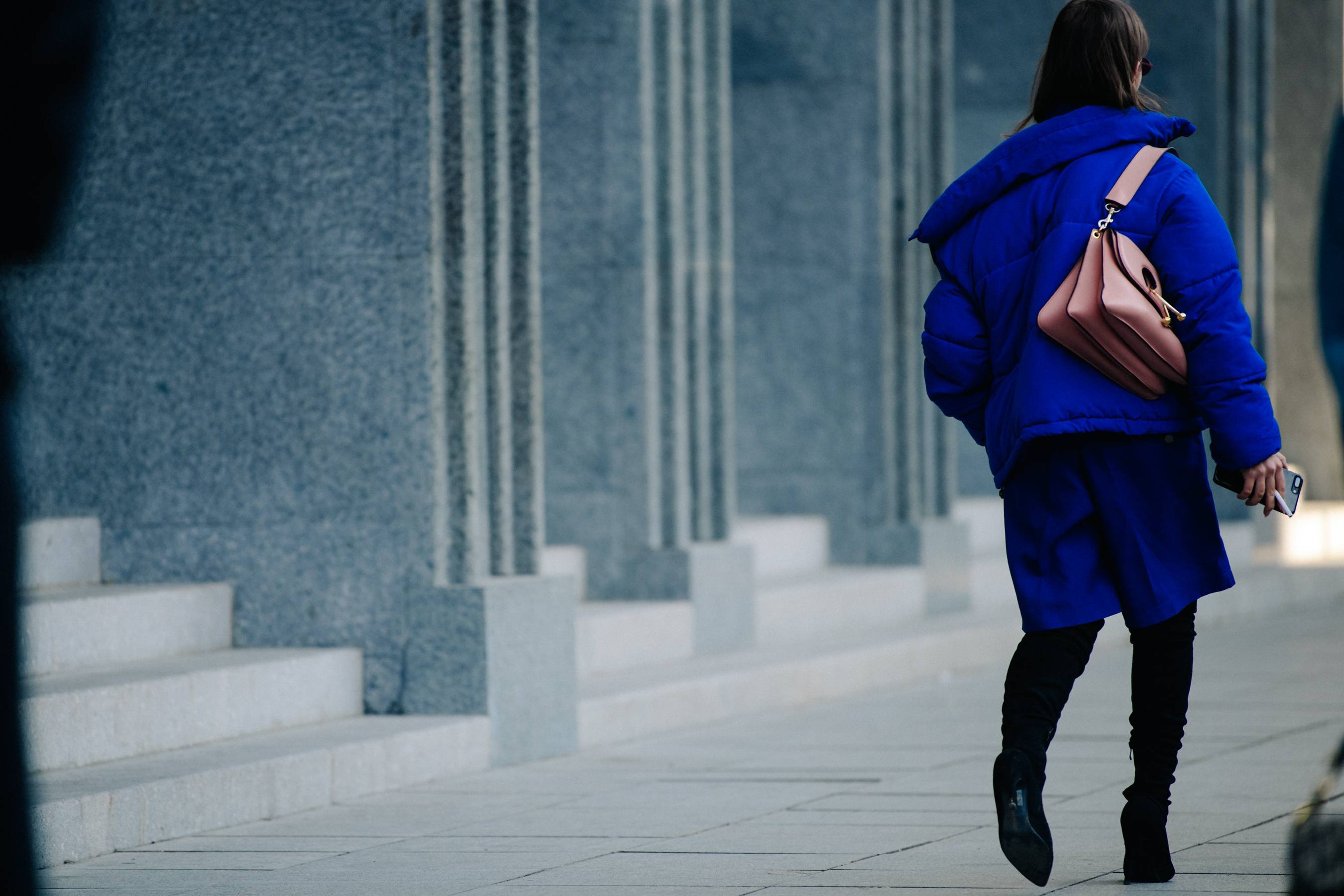 Woman wearing blue outfit