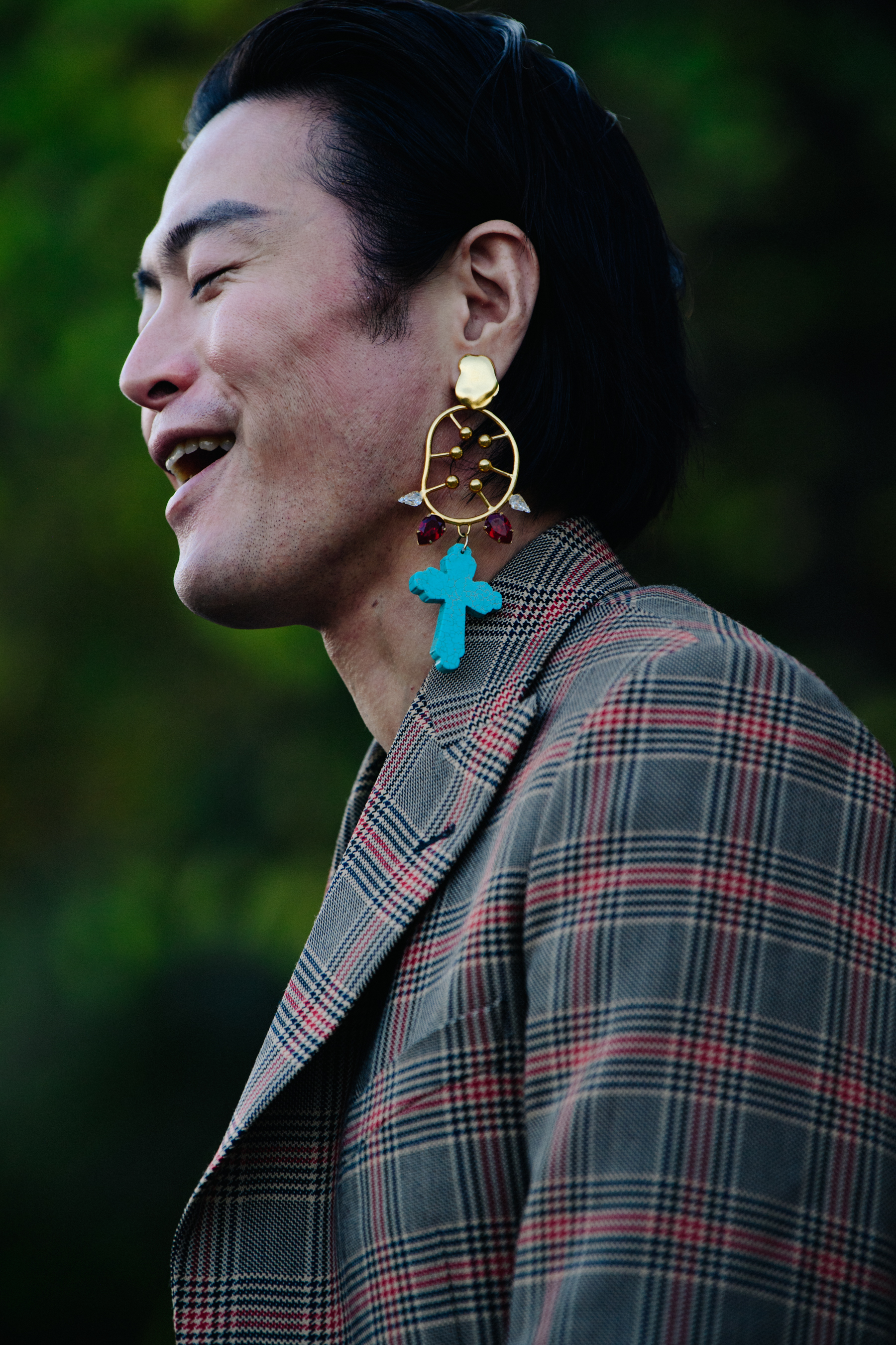Japanese man wearing check coat