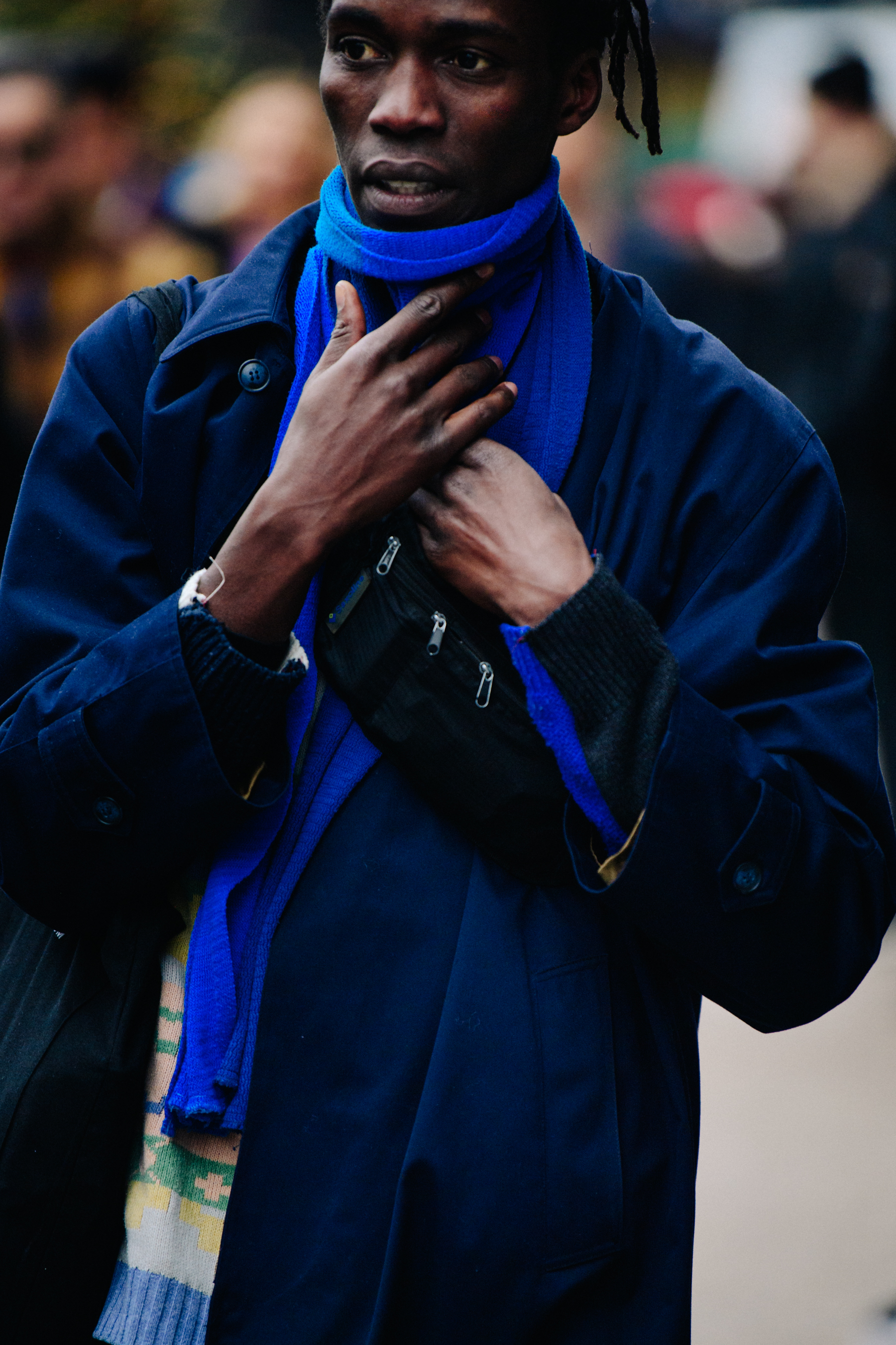 Man wearing blue outfit