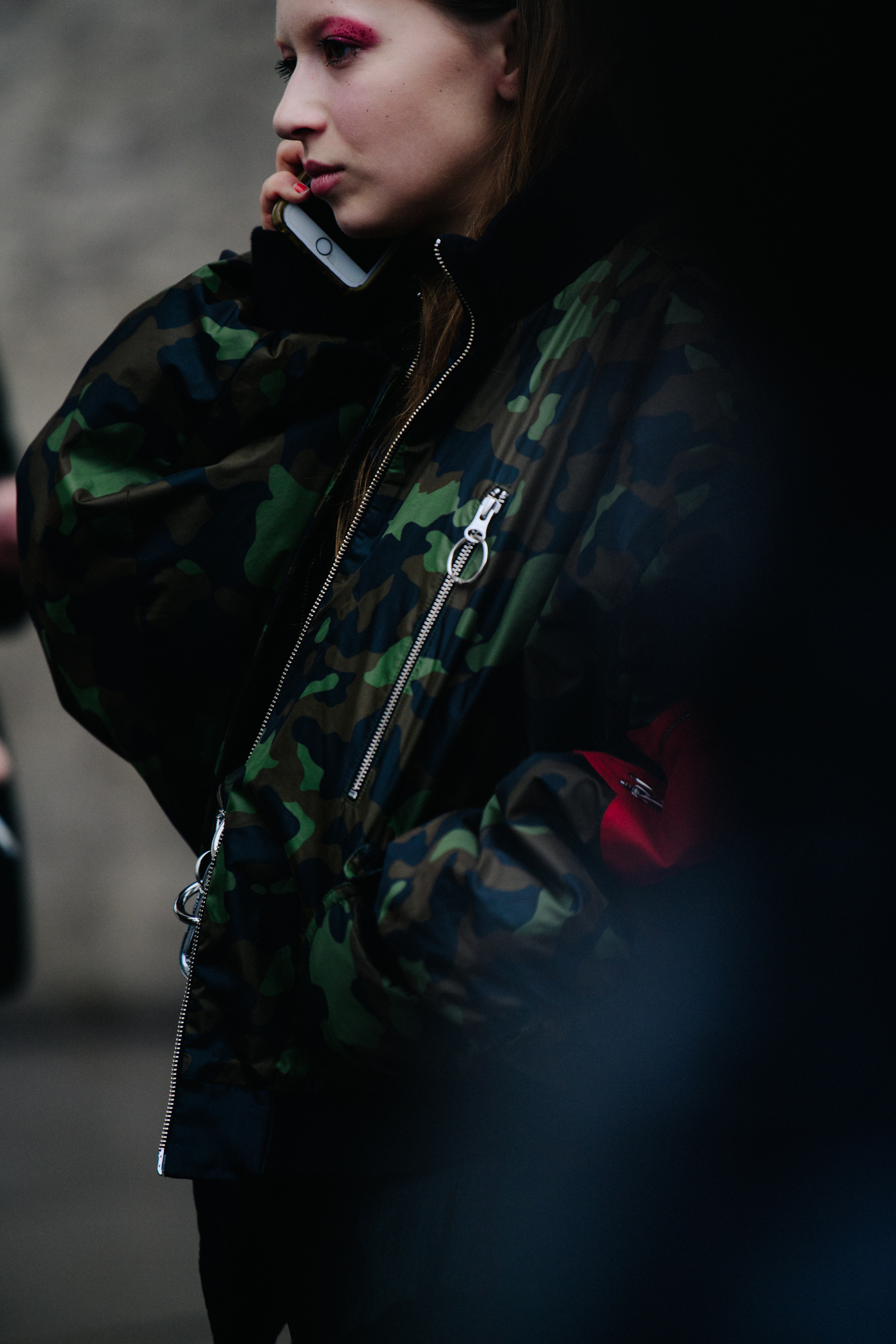 Woman wearing camo jacket
