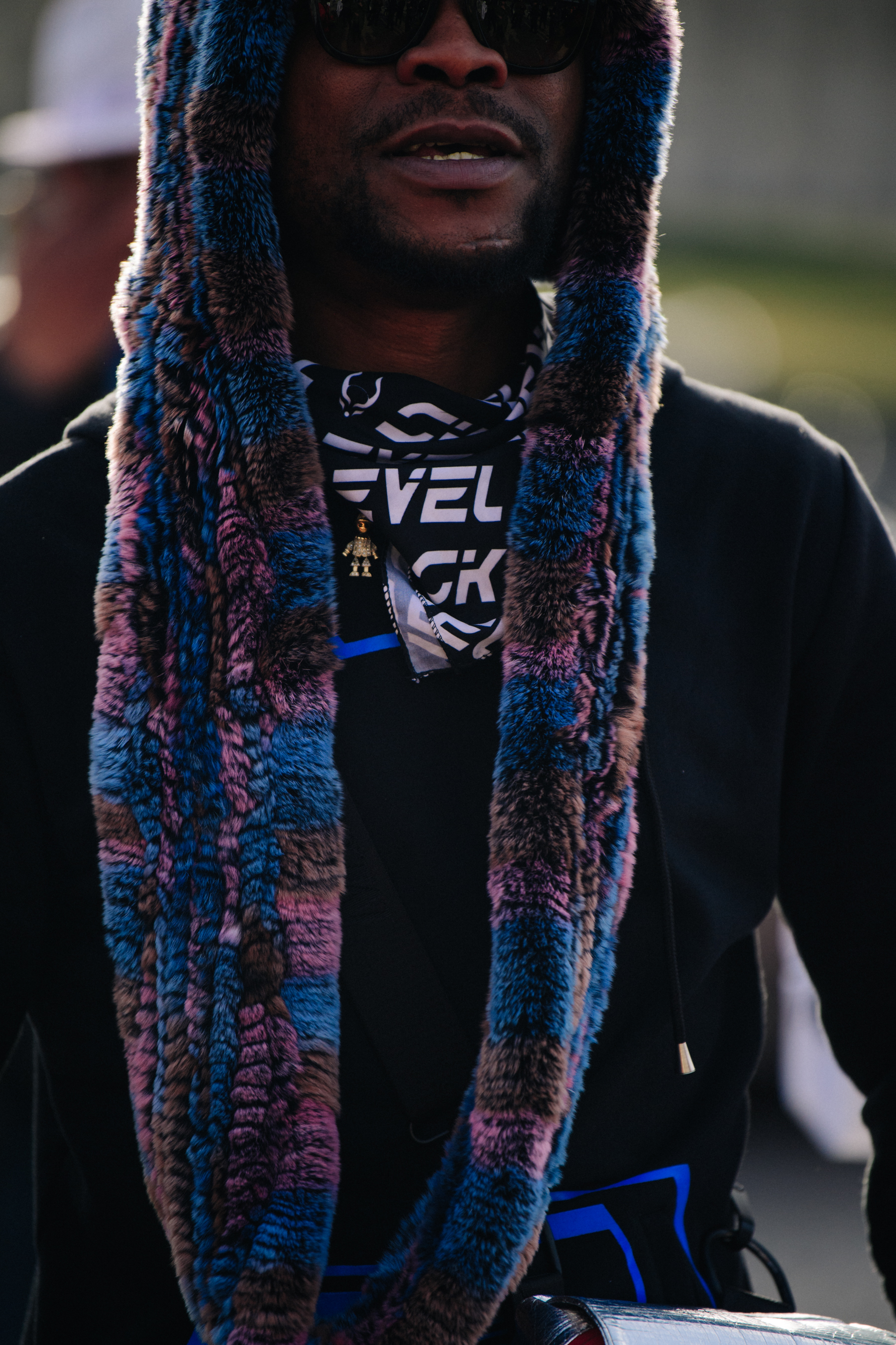 Man wearing furry hat