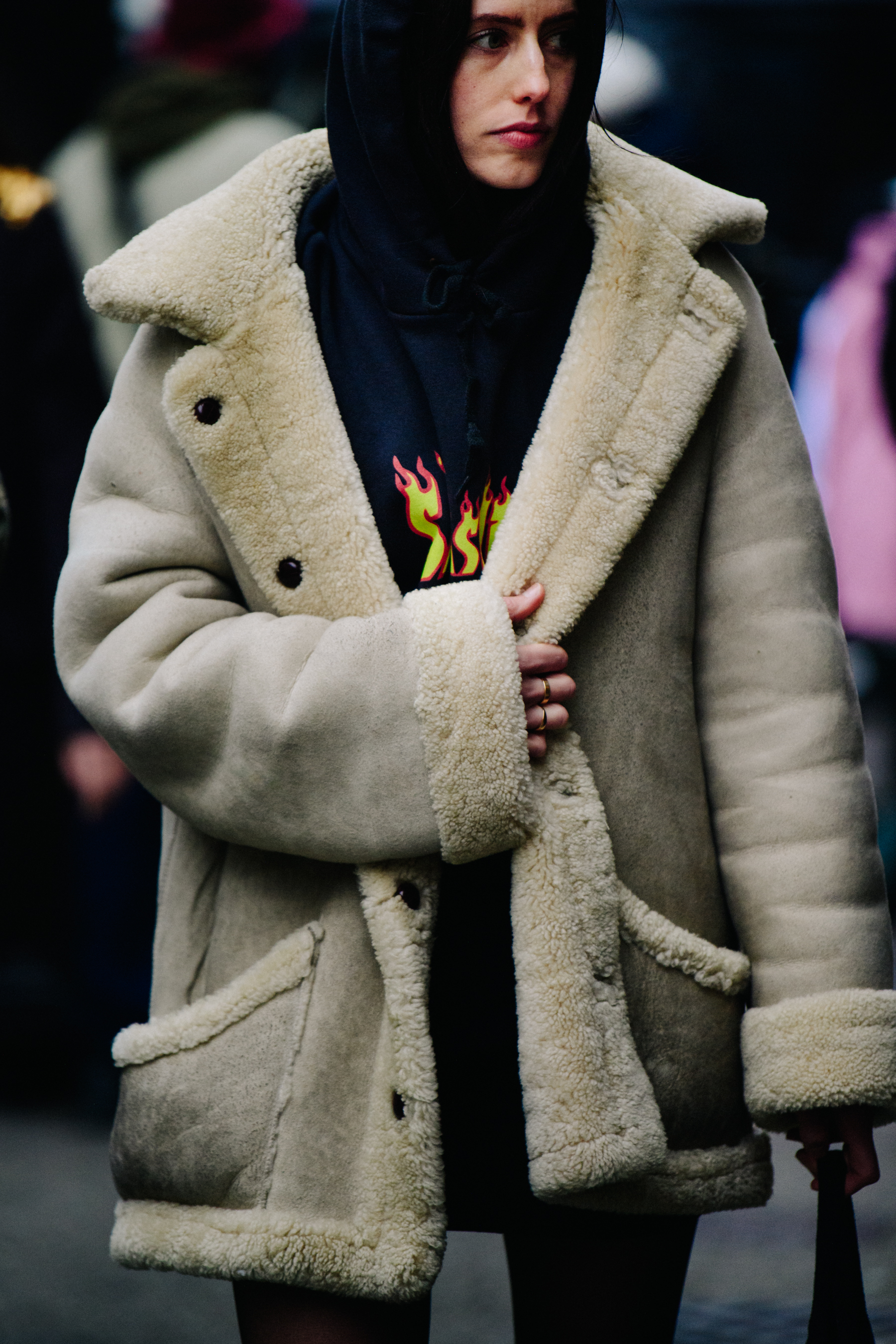 Woman wearing shearling jacket