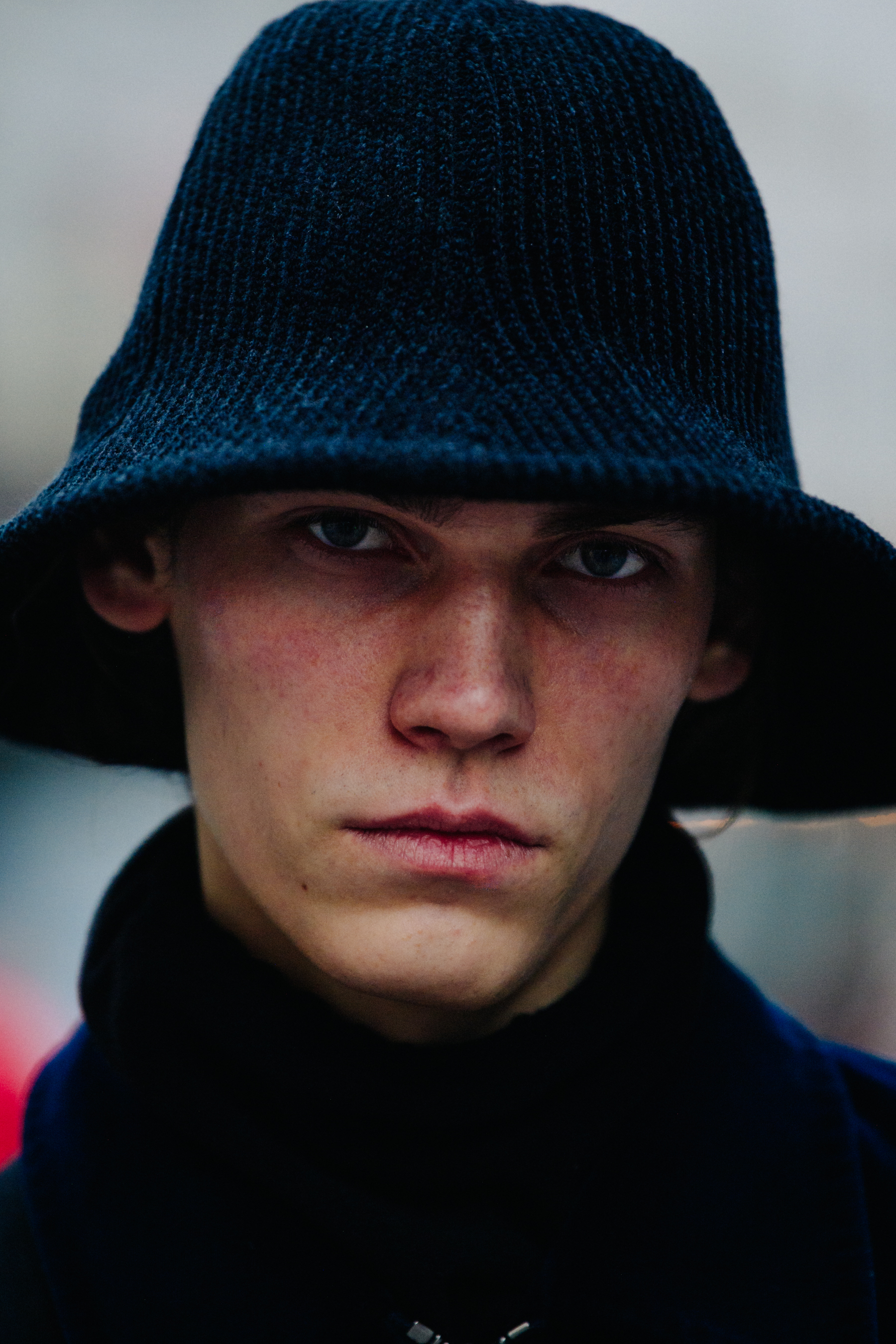 Portrait of model wearing rim hat