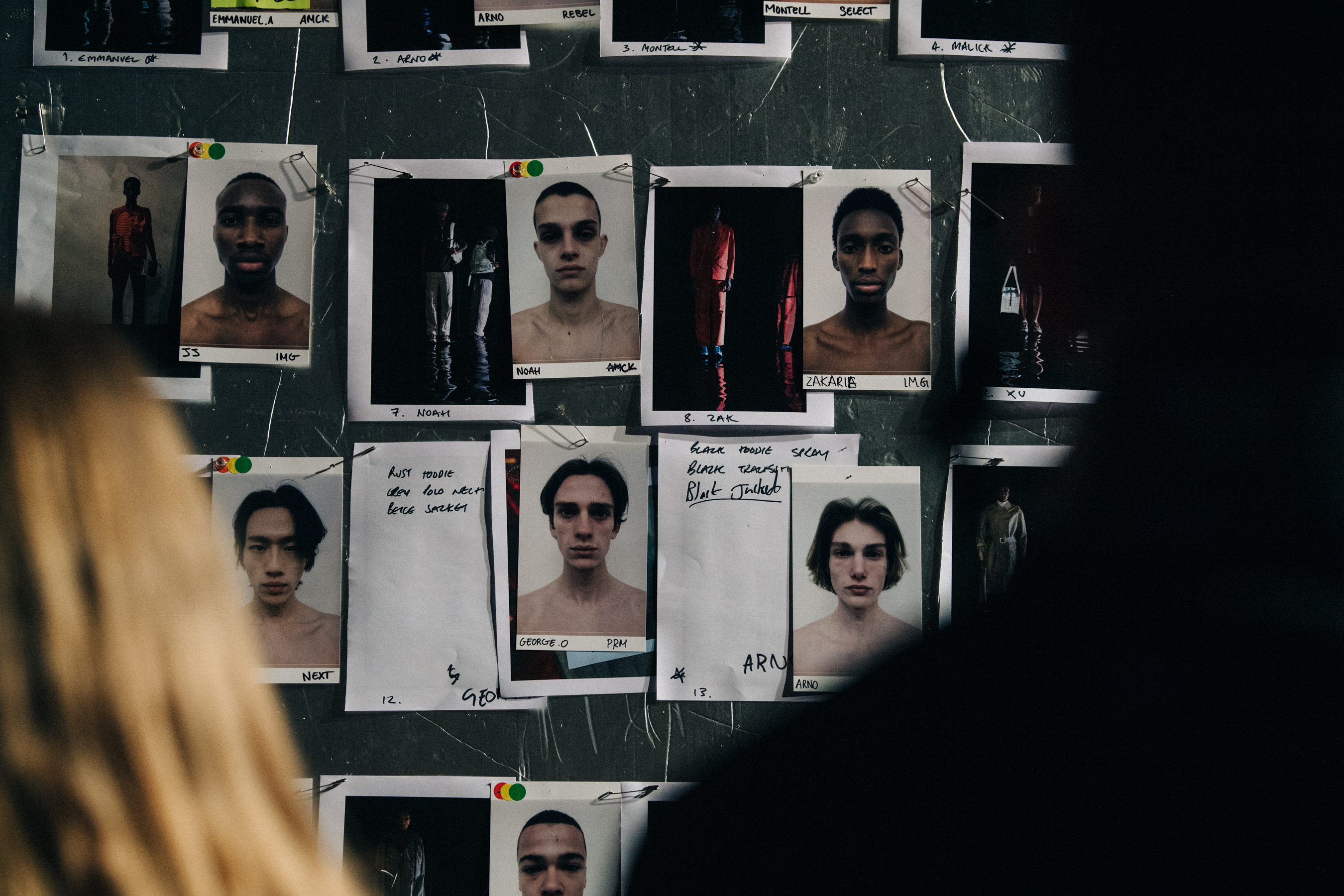 Model cards backstage at A COLD WALL