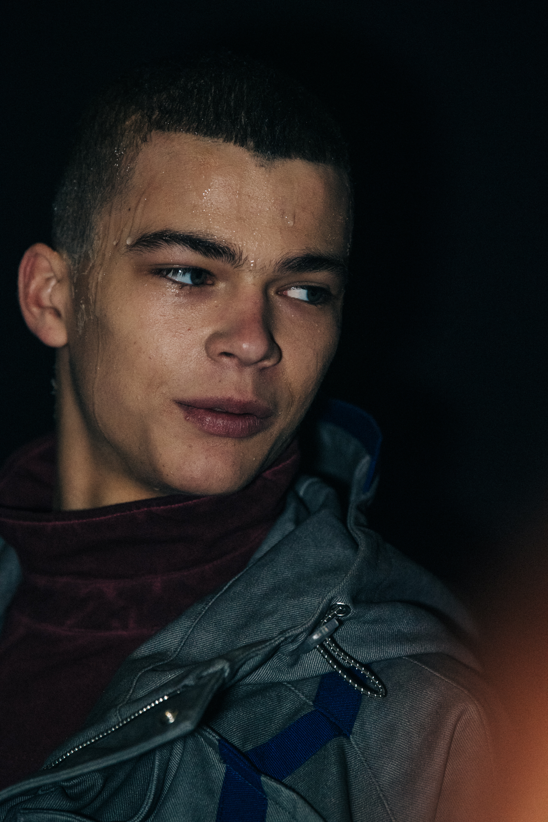 Model wearing grey coat at A COLD WALL