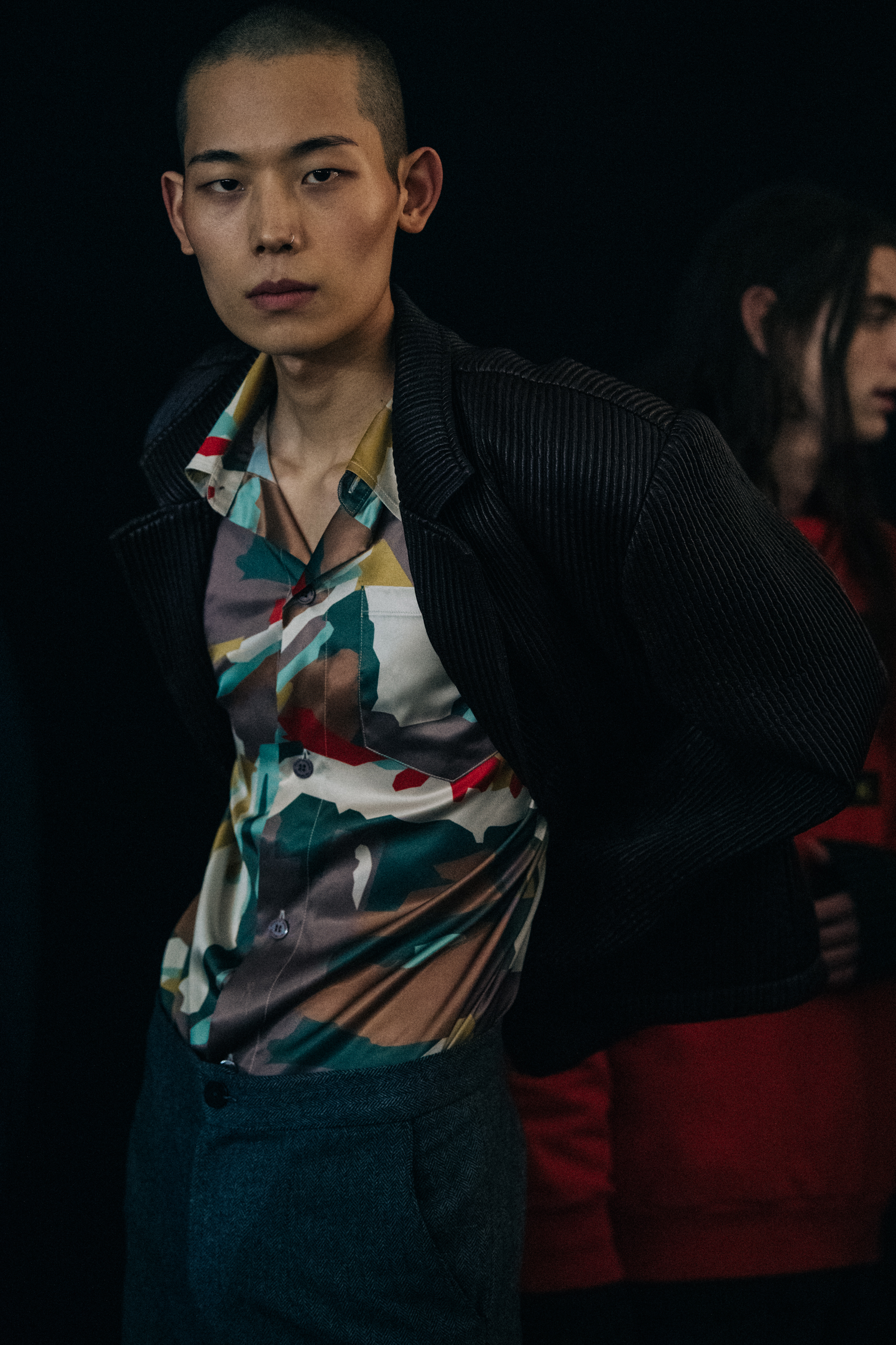 Model wearing shirt at Han Kjøbenhavn
