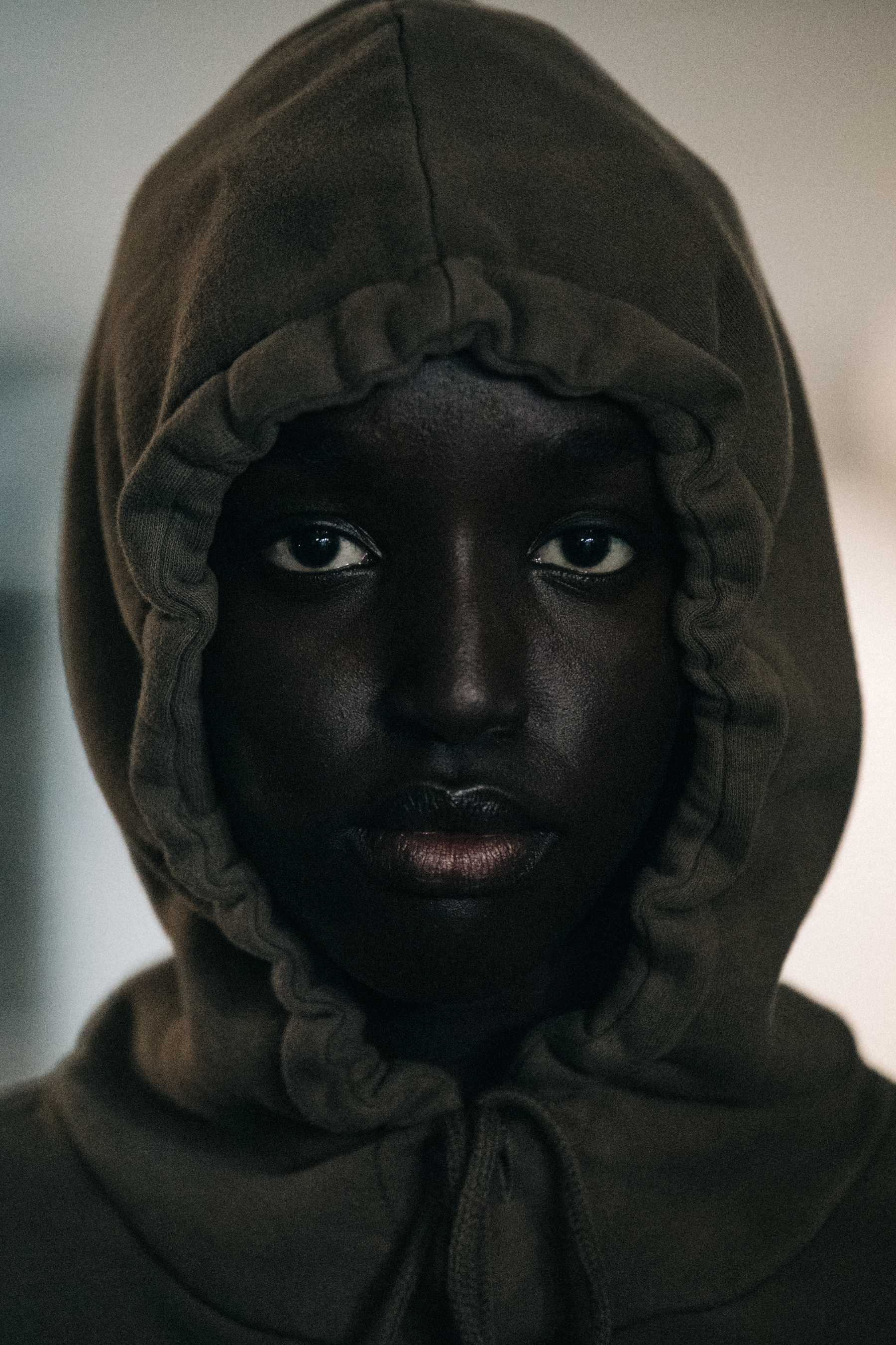 Portrait of model wearing hoody