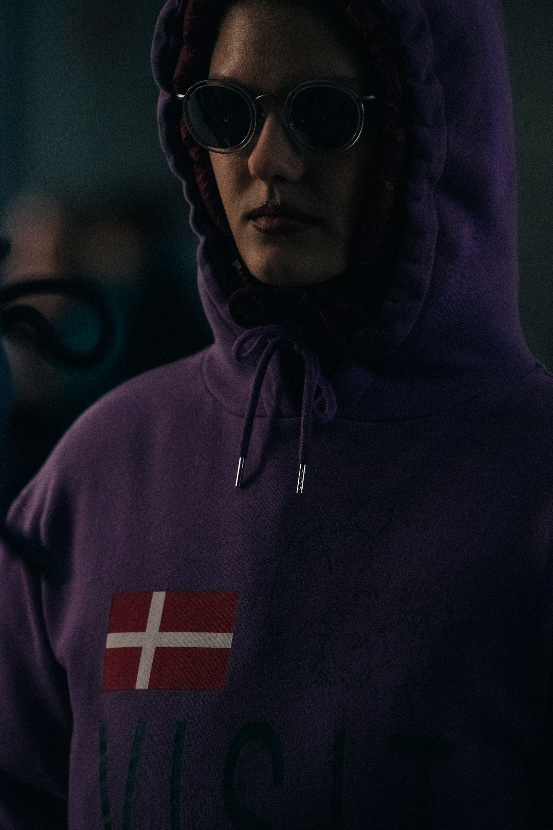 Model wearing Danish flag hoody