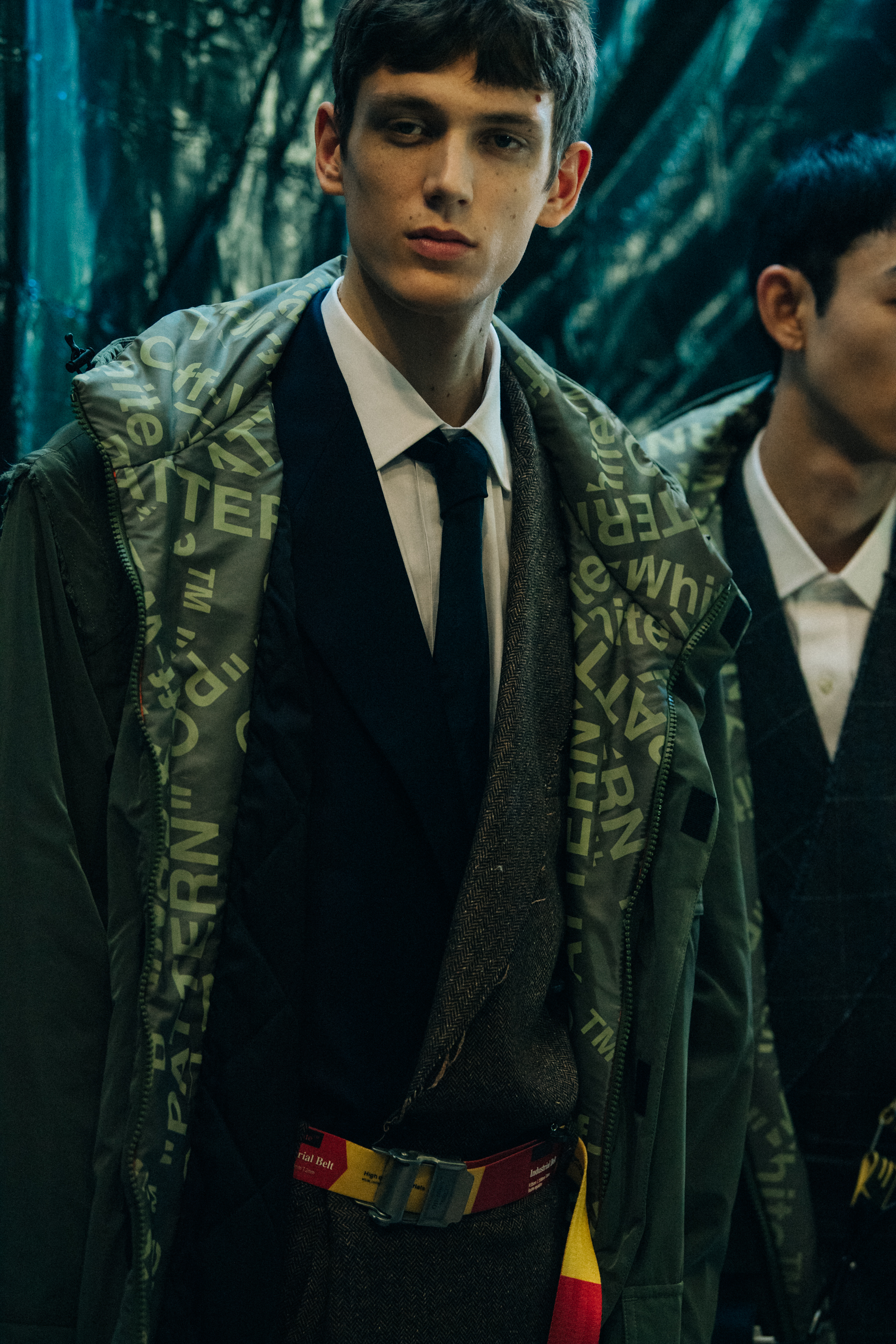 Model wearing coat at Off-White