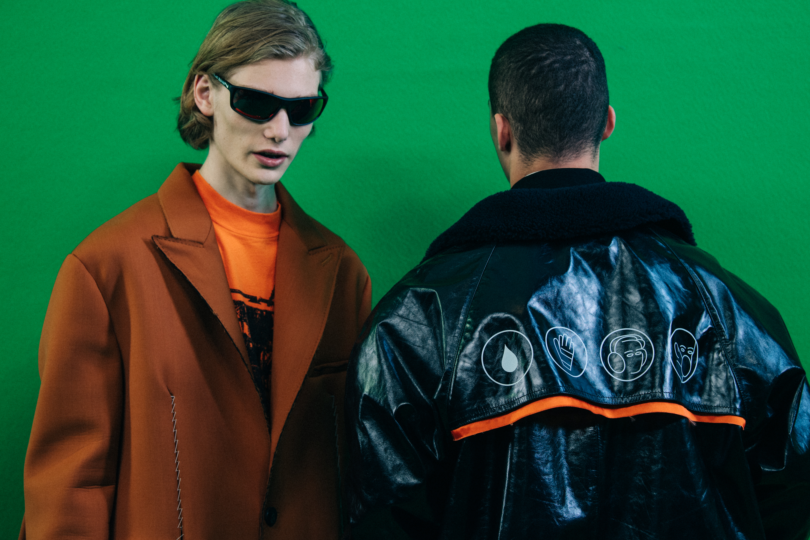 Model wearing orange at Off-White