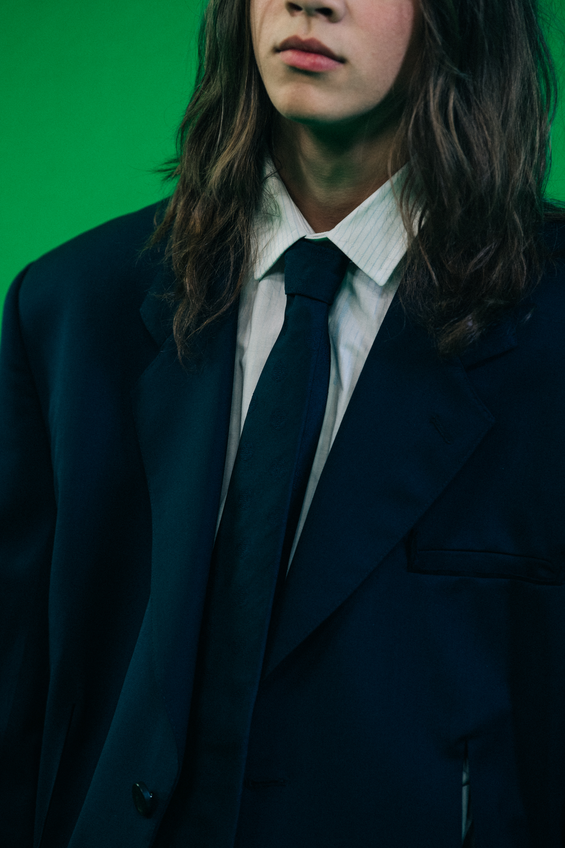 Model wearing suit at Off-White
