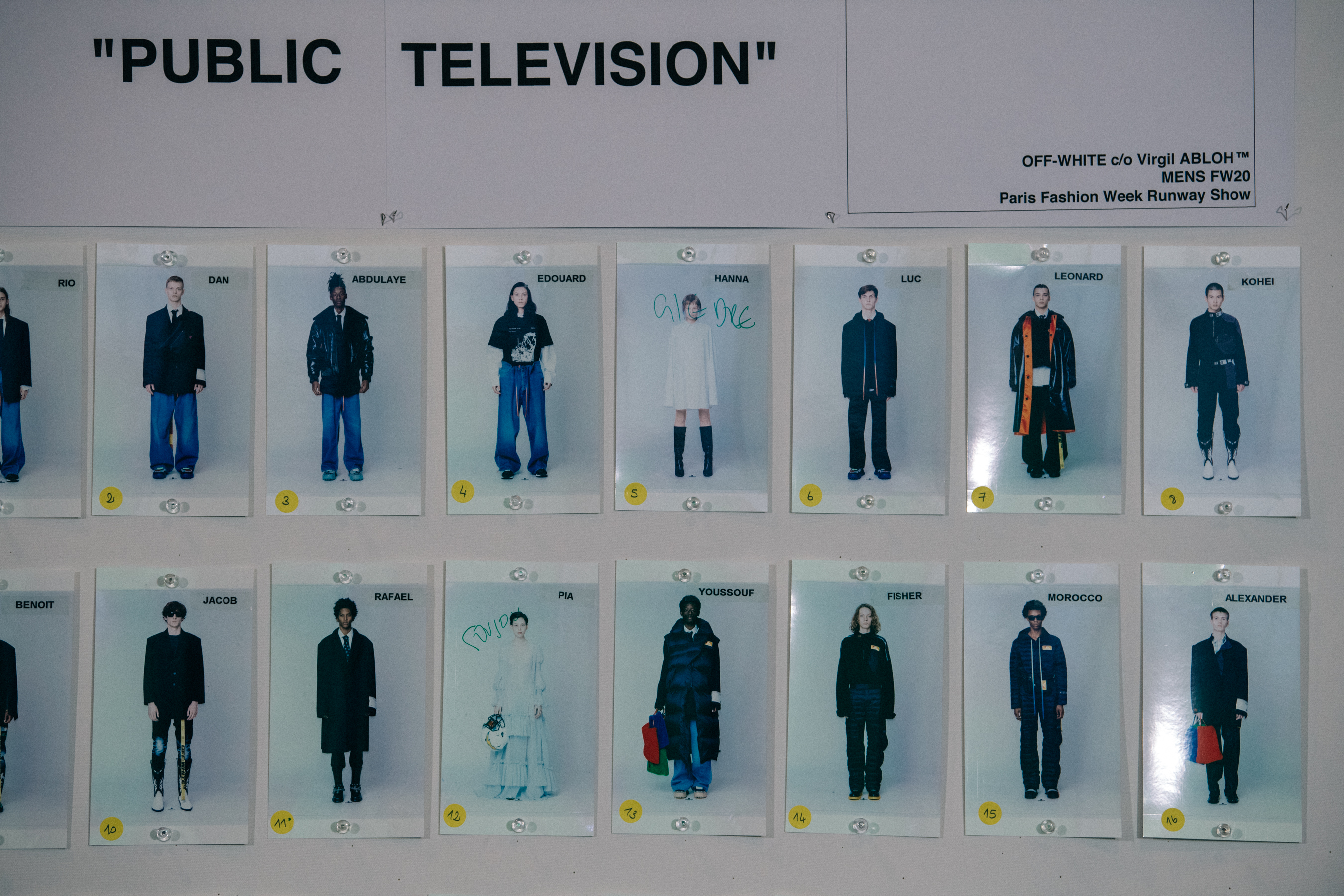 Model cards backstage at Off-White