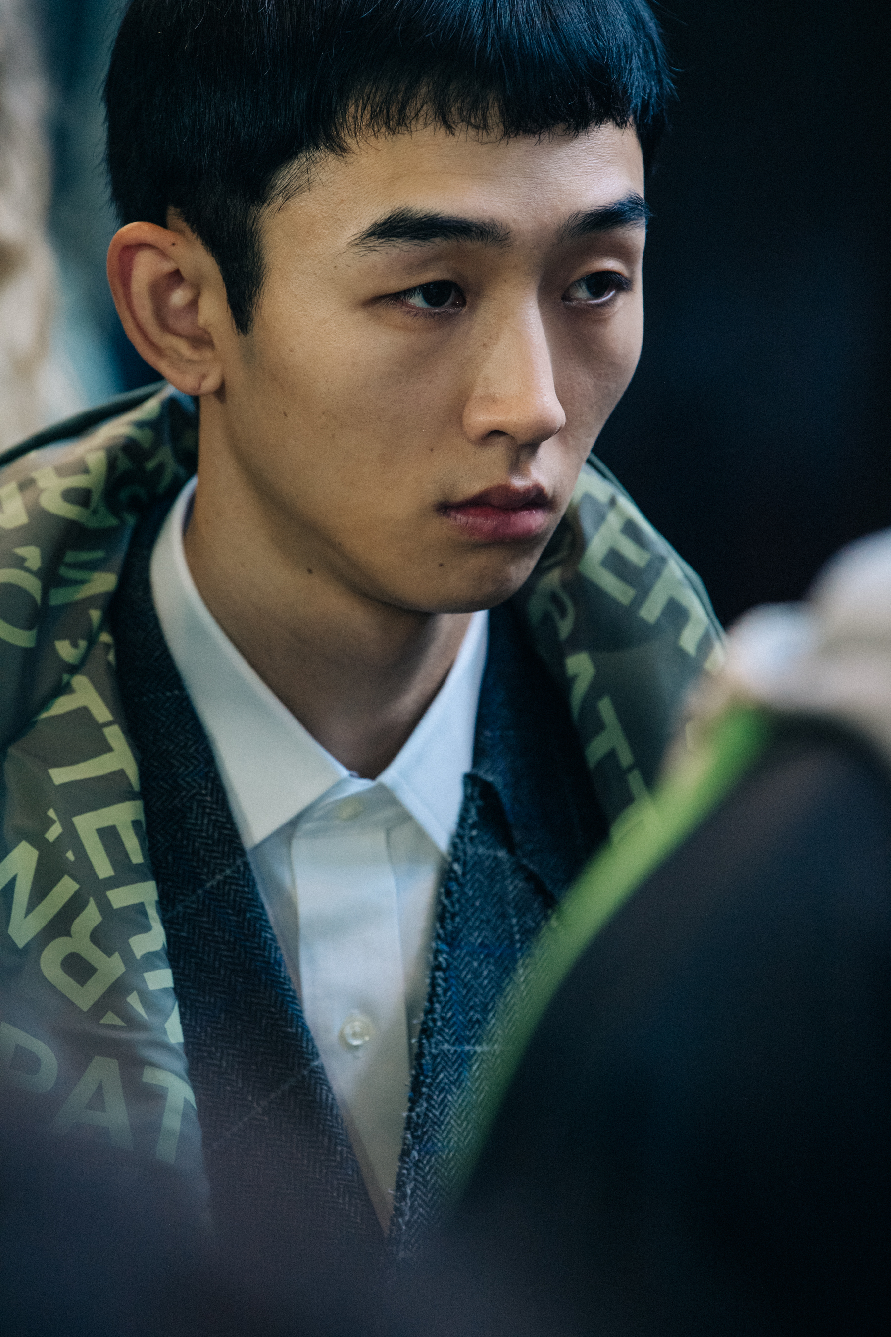 Model wearing coat at Off-White