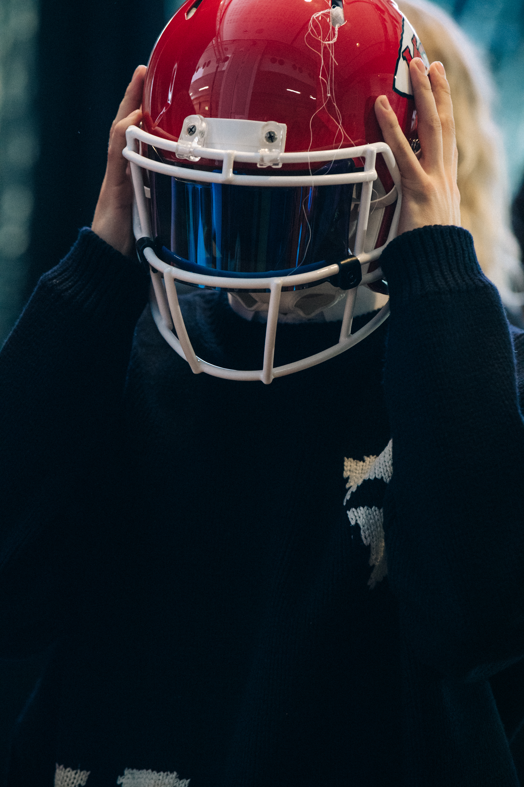 Model carrying helmet at Off-White