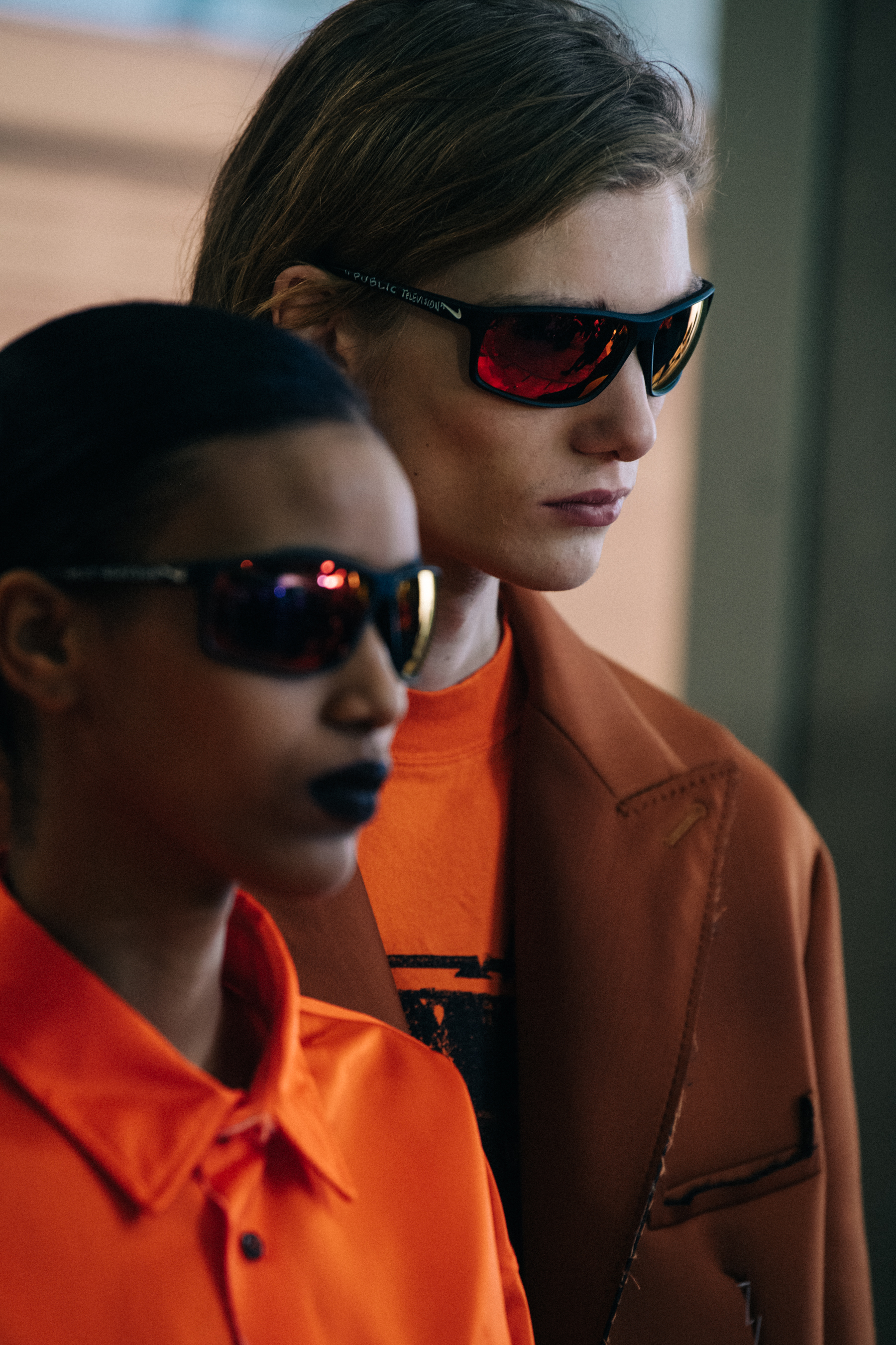 Model wearing sunglasses backstage at Off-White