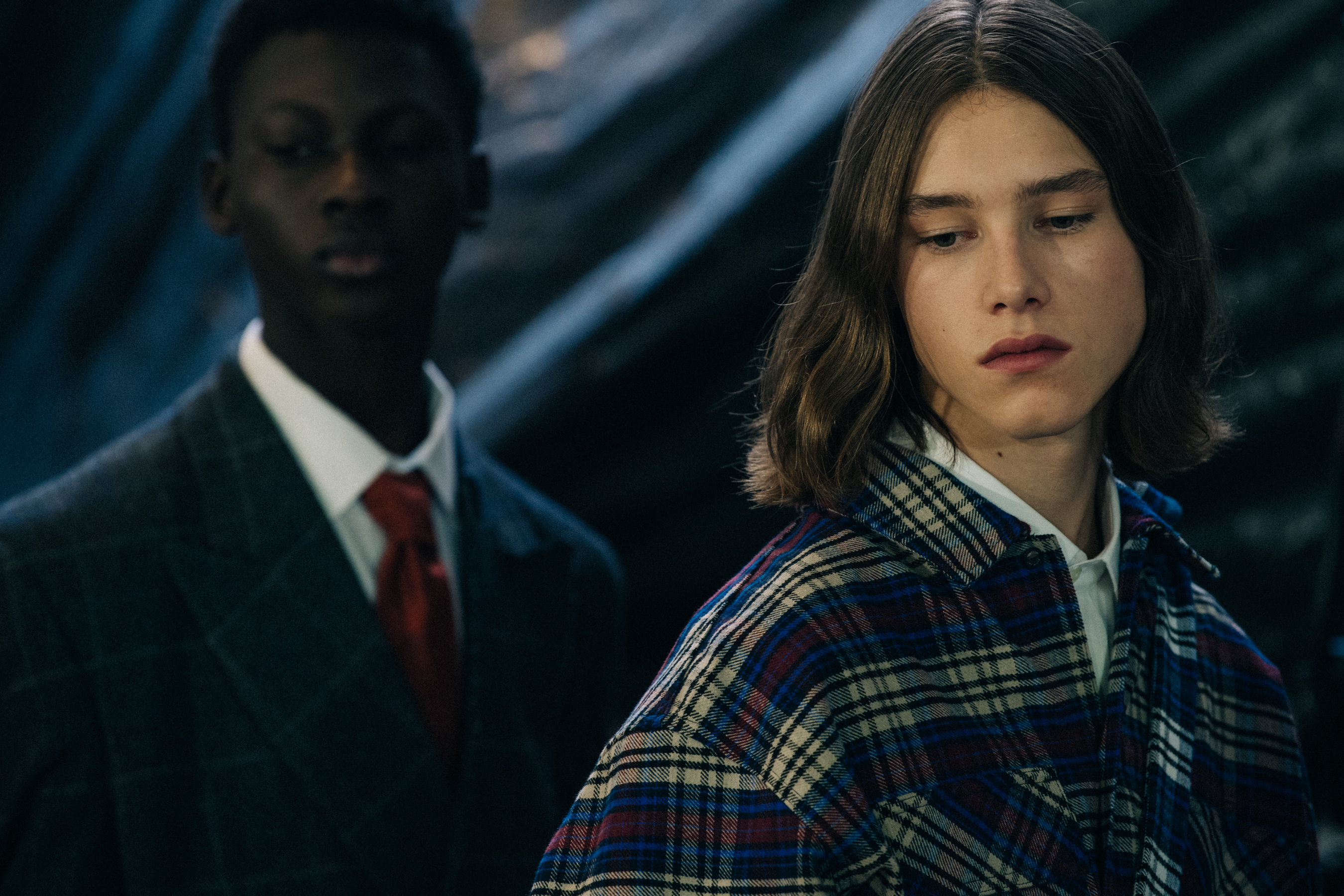 Model wearing suit at Off-White