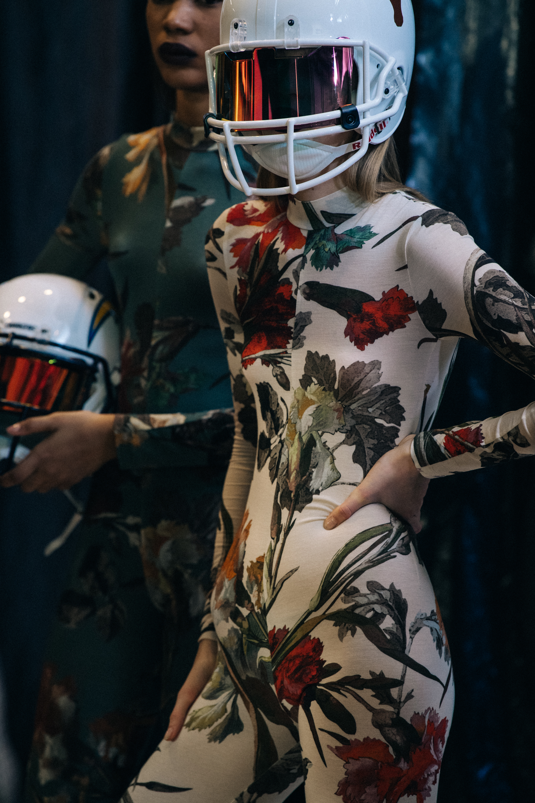 Model wearing pattern outfit at Off-White