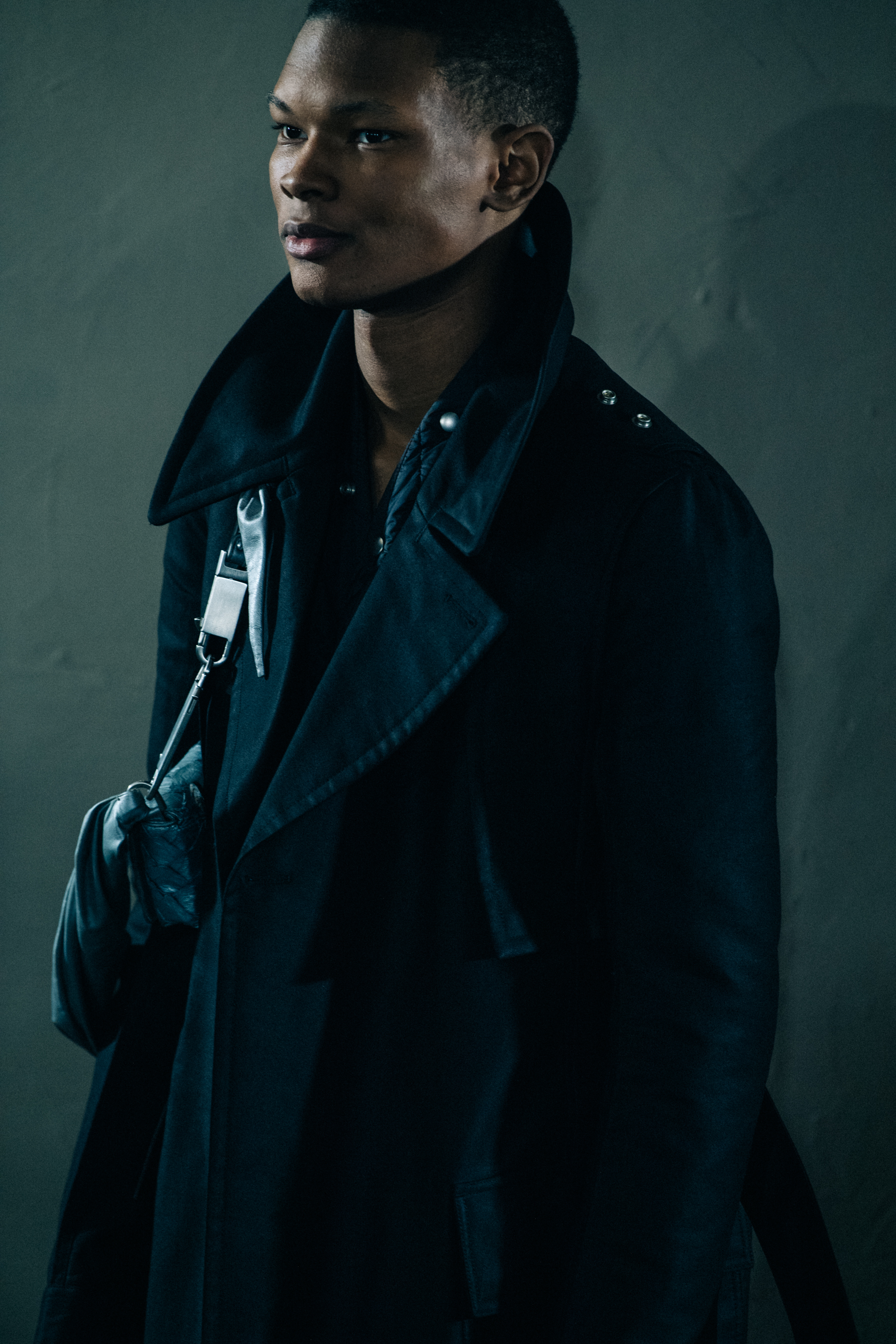 Model wearing black outfit at Rick Owens