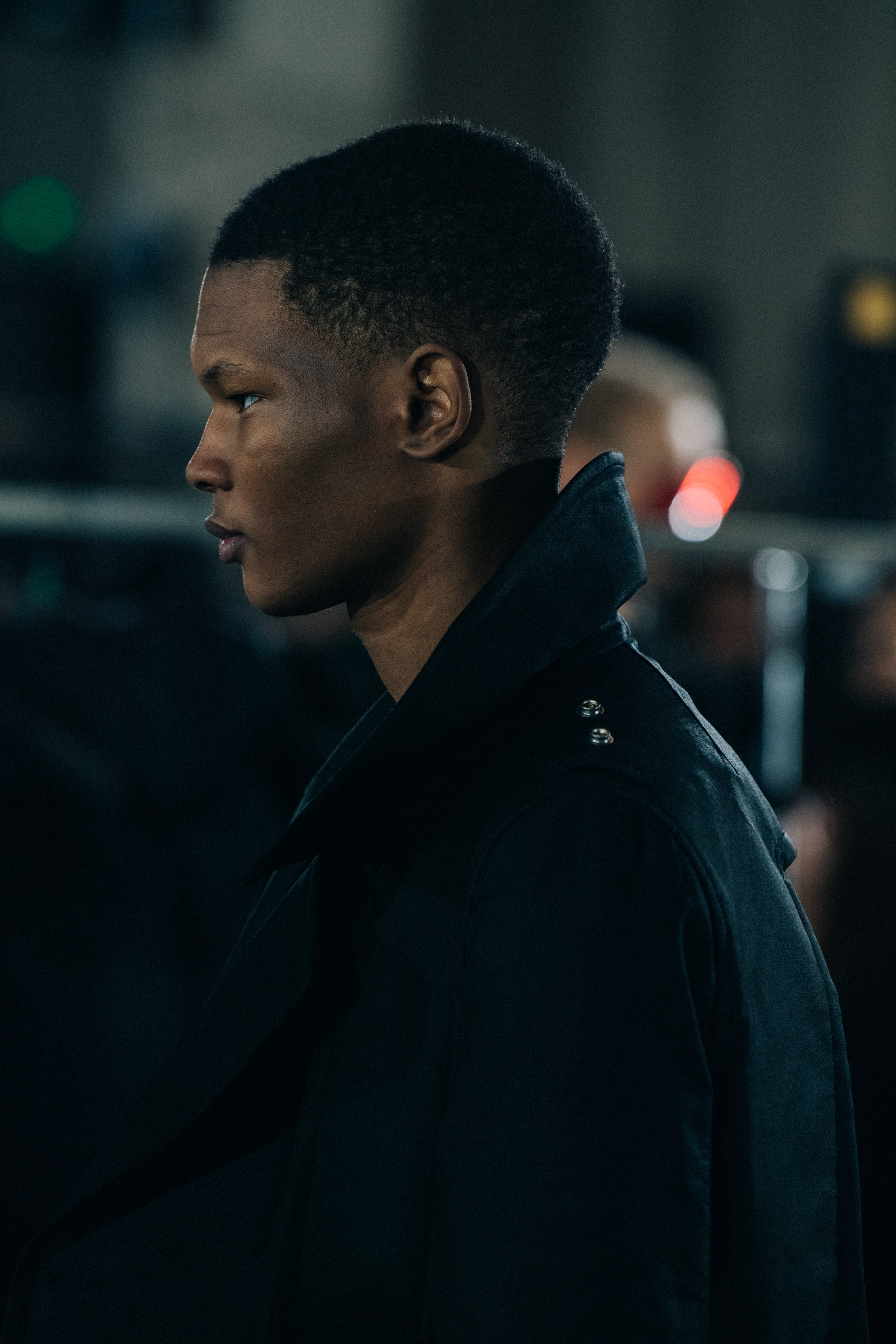 Model wearing black outfit at Rick Owens