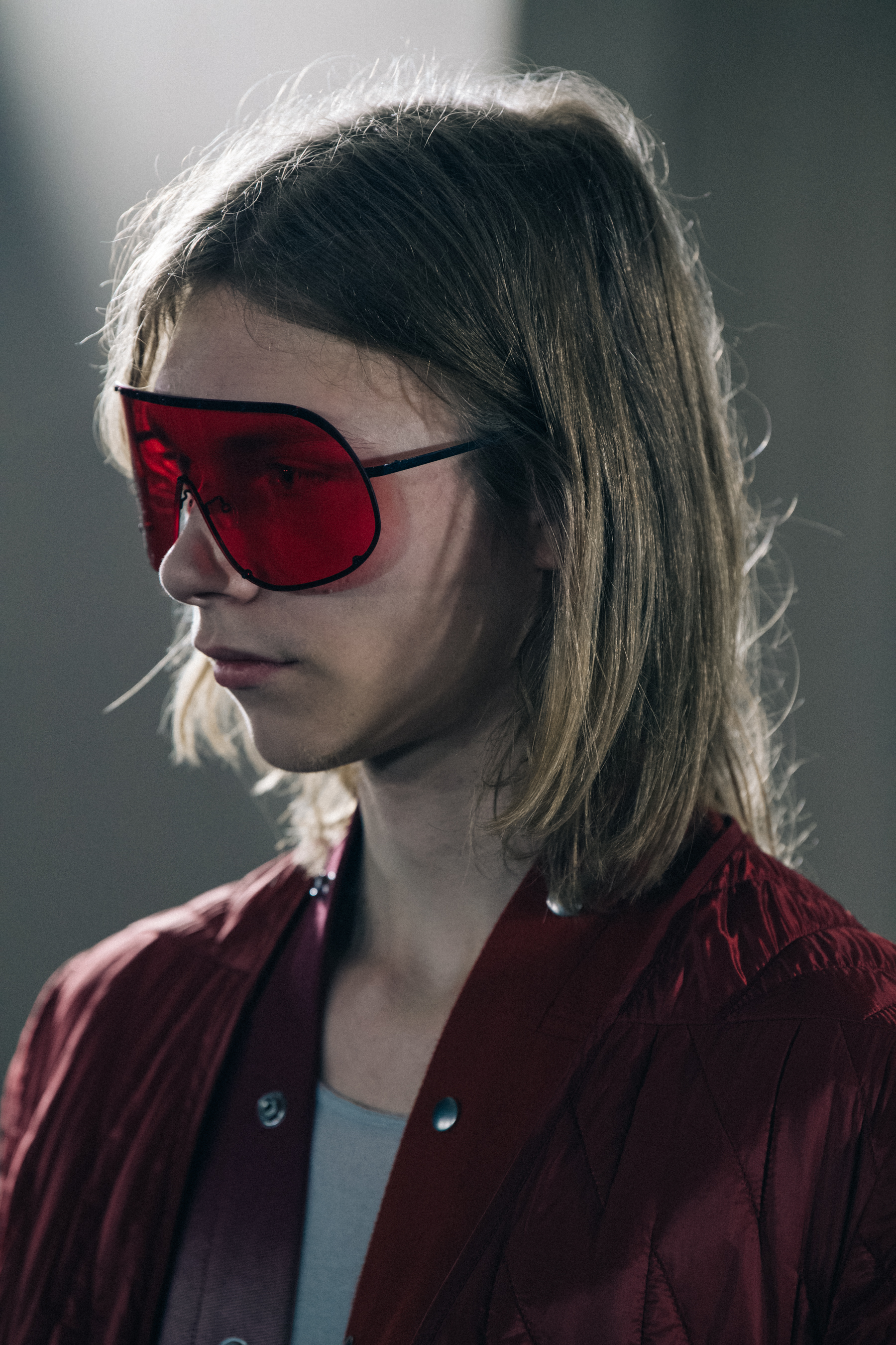 Model wearing red outfit at Rick Owens