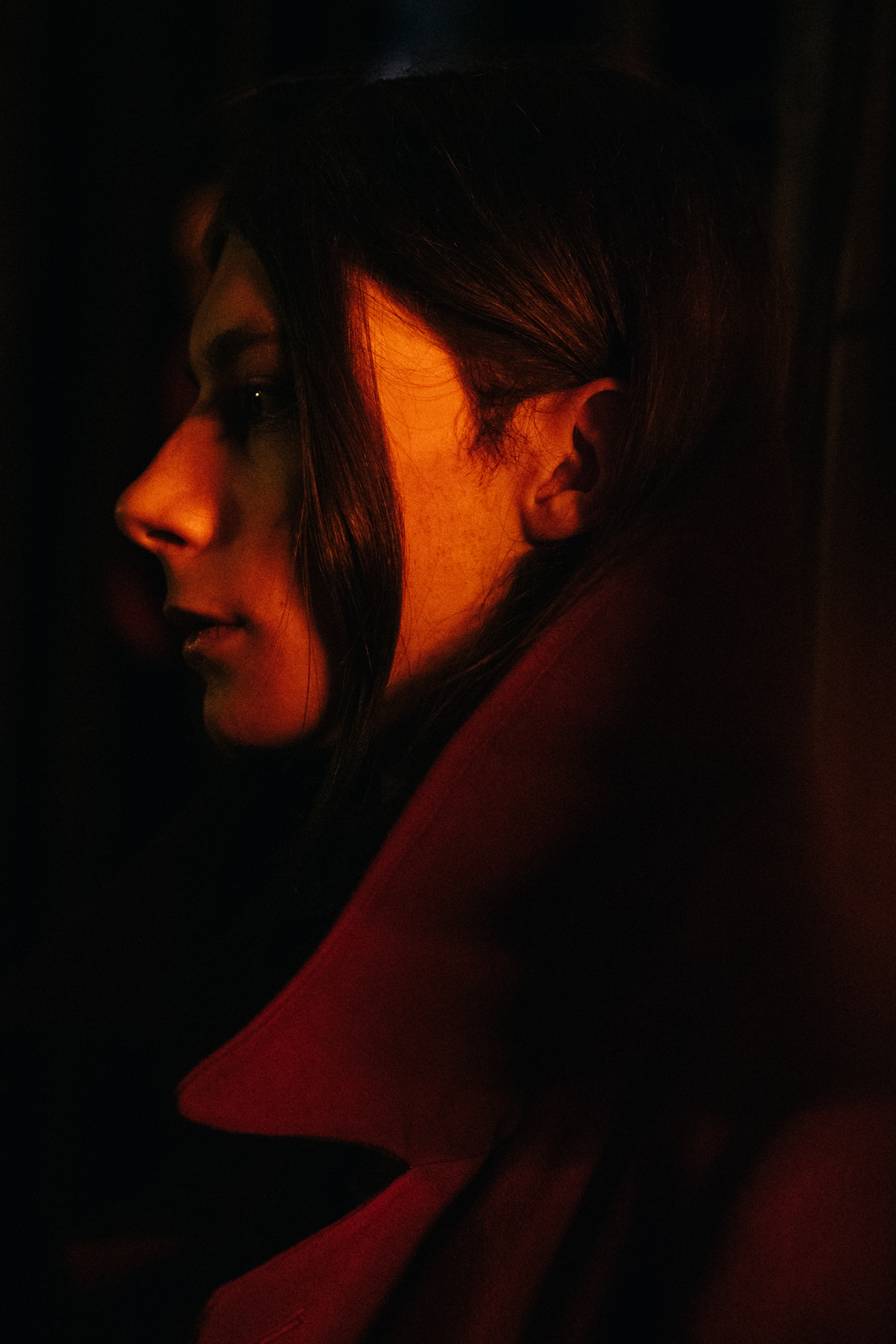 Model wearing red outfit at Rick Owens
