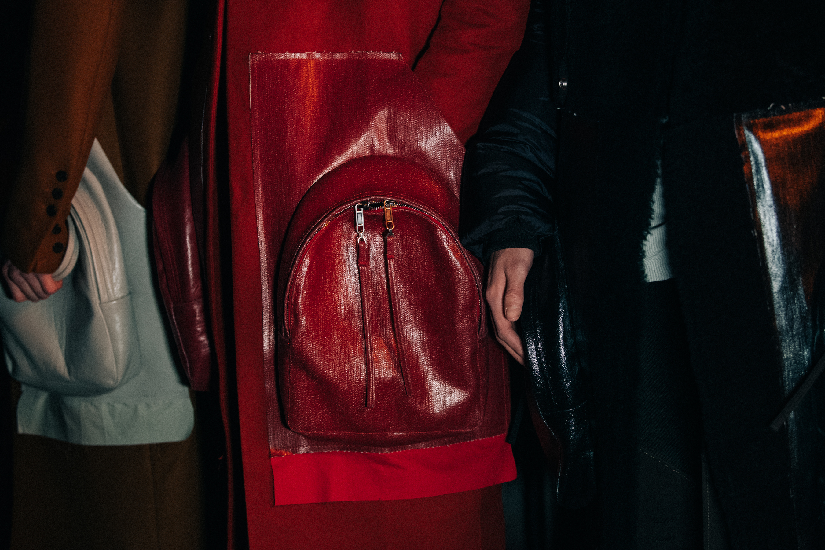 Model wearing red outfit at Rick Owens